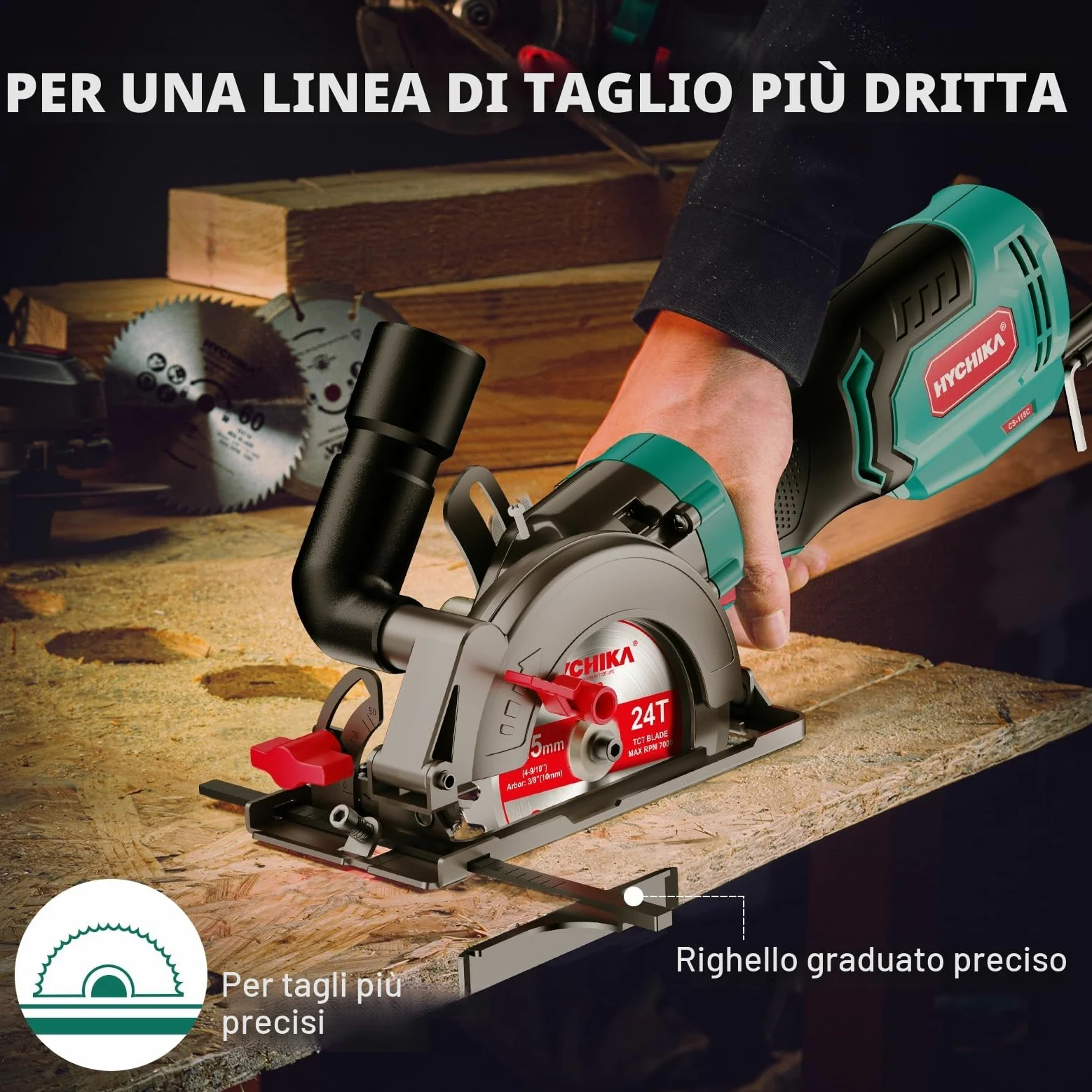 HYCHIKA Sega Circolare a Mano, Mini Sega Circolare 750W 3500 giri/min con Borsa da Trasporto, 3 Lame da Sega 115+125mm, Guida Parallela, Profondità di Taglio 48mm, per Legno, Metallo Dolce, Plastica