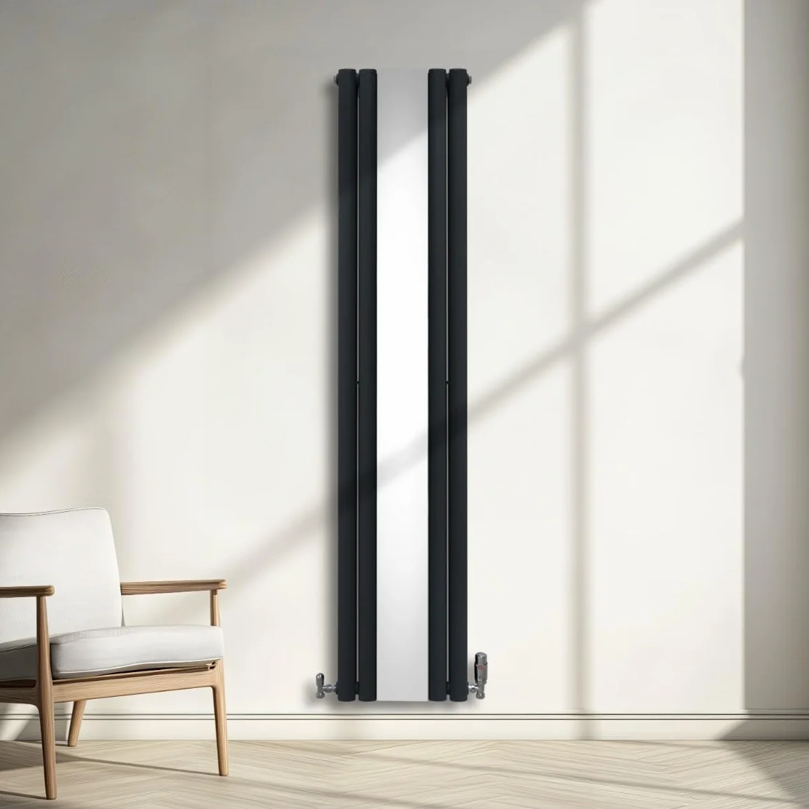 Radiatore a Colonna Ovale e Specchio Integrato 1800 x 380mm, Moderno Verticale Doppia Colonna Acciaio al Carbonio Grigio Antracite Opaco, Cucina Soggiorno Bagno [Spazzola, Attacchi Murali e Supporti
