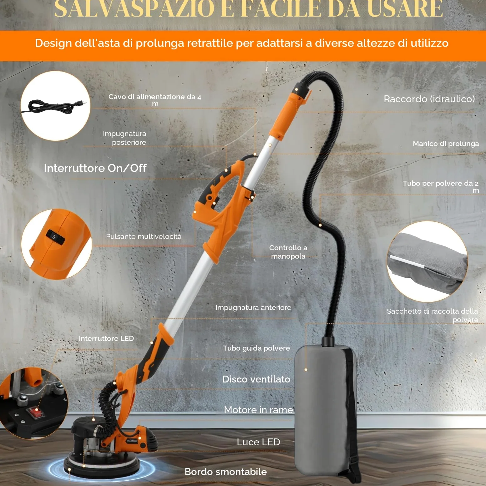 Ponceuse Girafe, 1250W Ponceuse Mur et Plafond, 5 Vitesses Variables 800-1800RPM avec poignée télescopique avec bande lumineuse LED et sac de collecte de poussière par aspiration