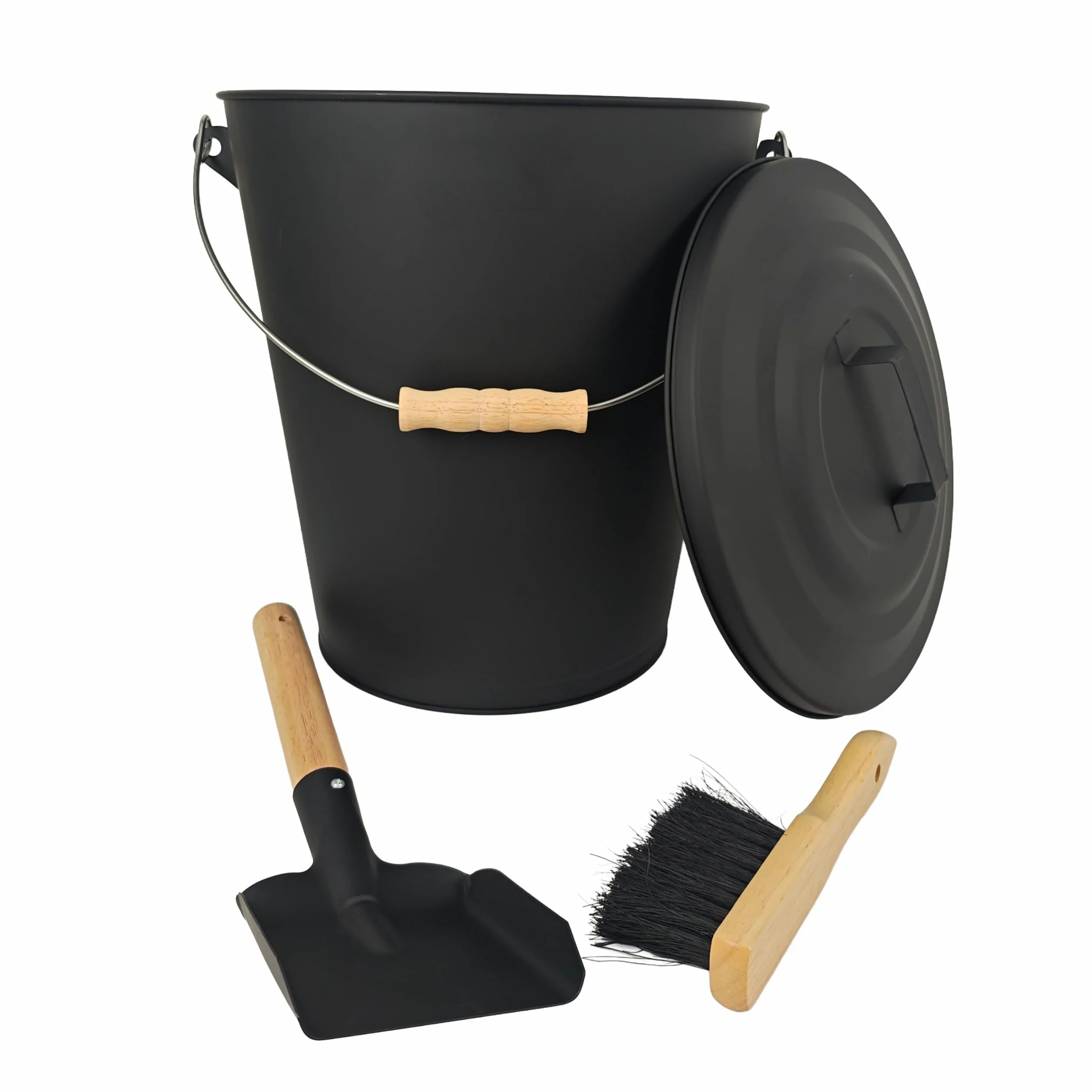 Relaxdays Secchio per Cenere con Coperchio, 24 L, Scopa e Paletta per Camino, Contenitore con Manico, Nero/Naturale