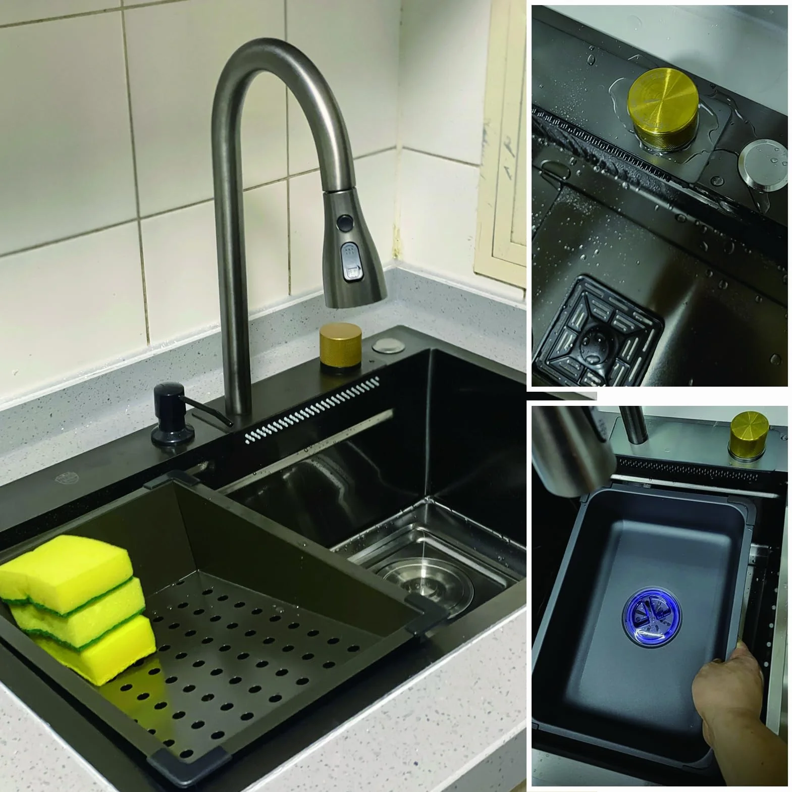 Lavello Cucina 1 Vasca Grande 68x45cm, Moderno Lavello Cucina in Acciaio Inox, Cascata a Lavello Multifunzione, Con Rubinetto, Sifone e Set di Drenaggio (Kitchen Sink)