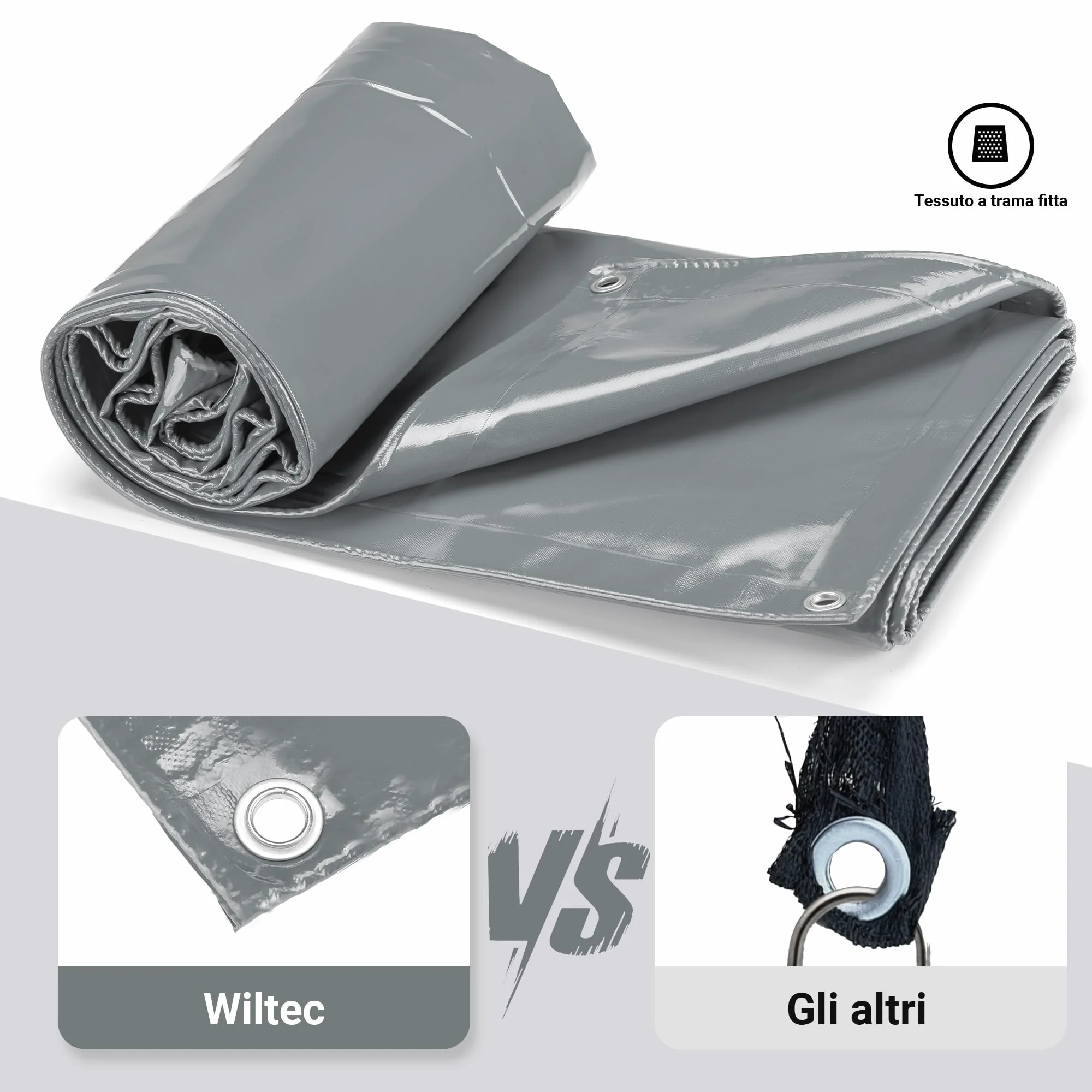 Wiltec Telone occhiellato grigio 4 x 5 m resistente alle intemperie e a raggi UV, impermeabile, robusto telo di protezione in poliestere 650 g/m² con rivestimento in PVC