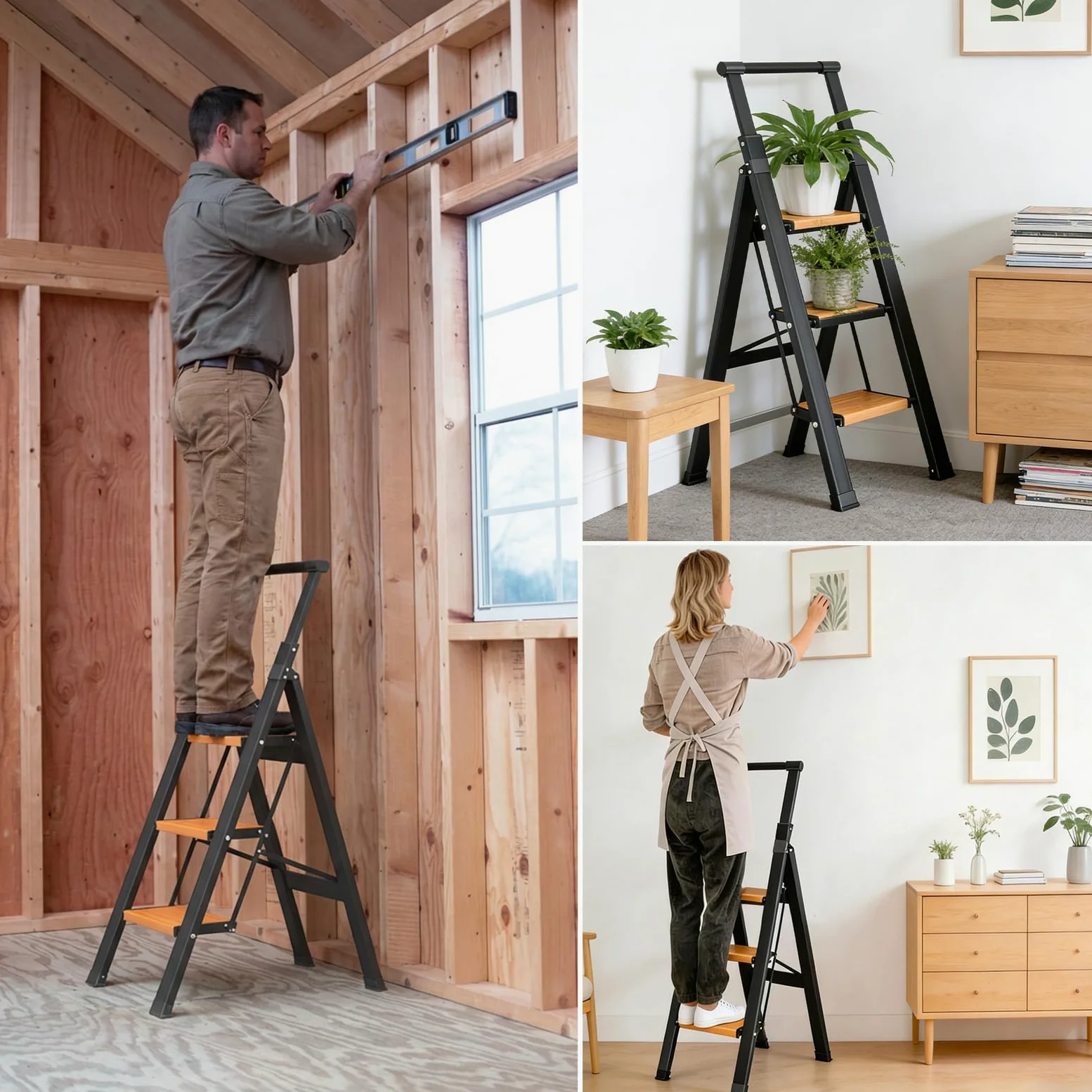 KULACO Scala a gradini pieghevole 3 gradini con corrimano estensibile, scala in alluminio antiscivolo & extra larga, leggera fino a 150 kg, scala domestica compatta per cucina, casa, garage