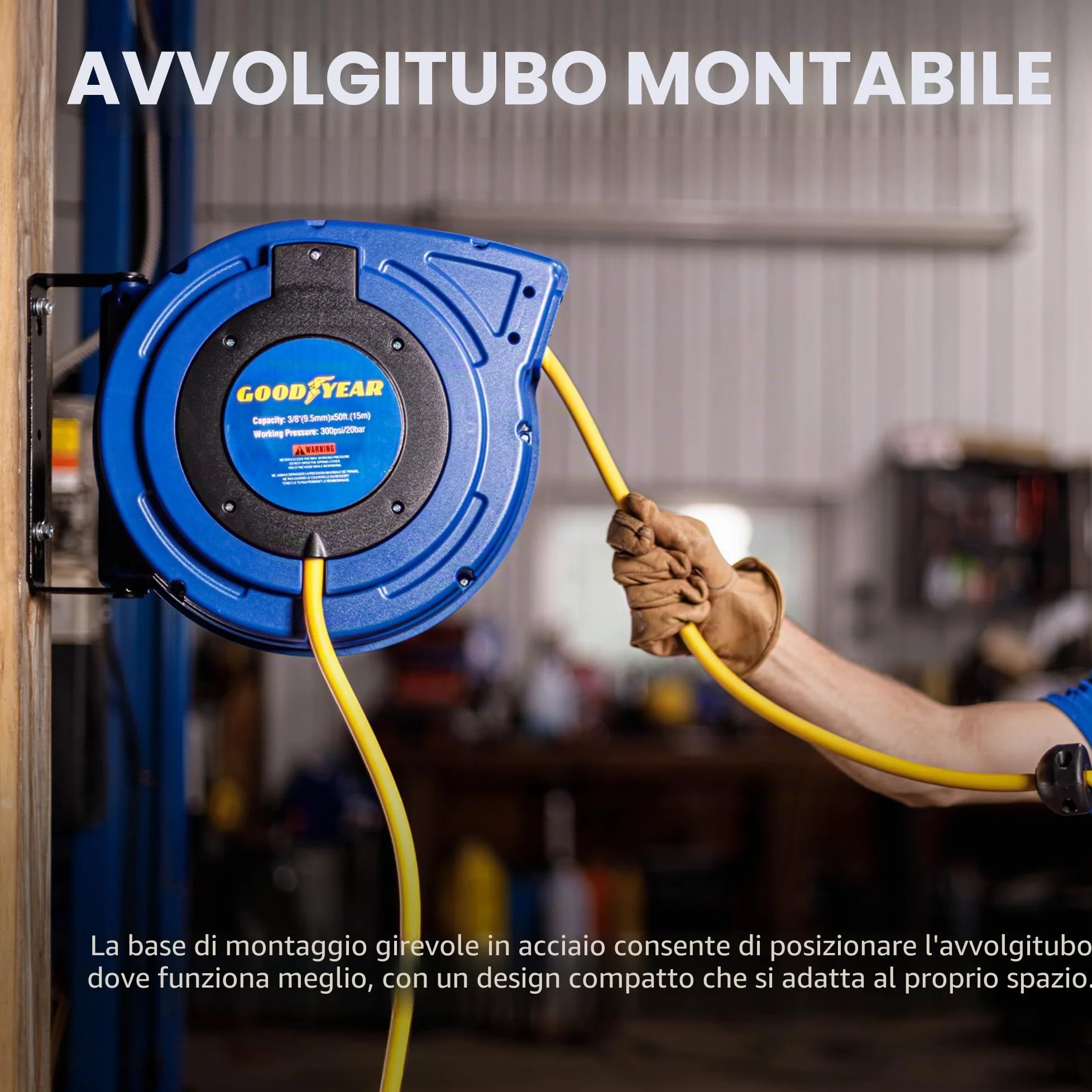Goodyear 27527153g Chiuso Retrattile compressore d'Aria/Acqua avvolgitubo con 3/8 in. x 50 ft. Ibrida Polymer Tubo Flessibile, Max. 300psi