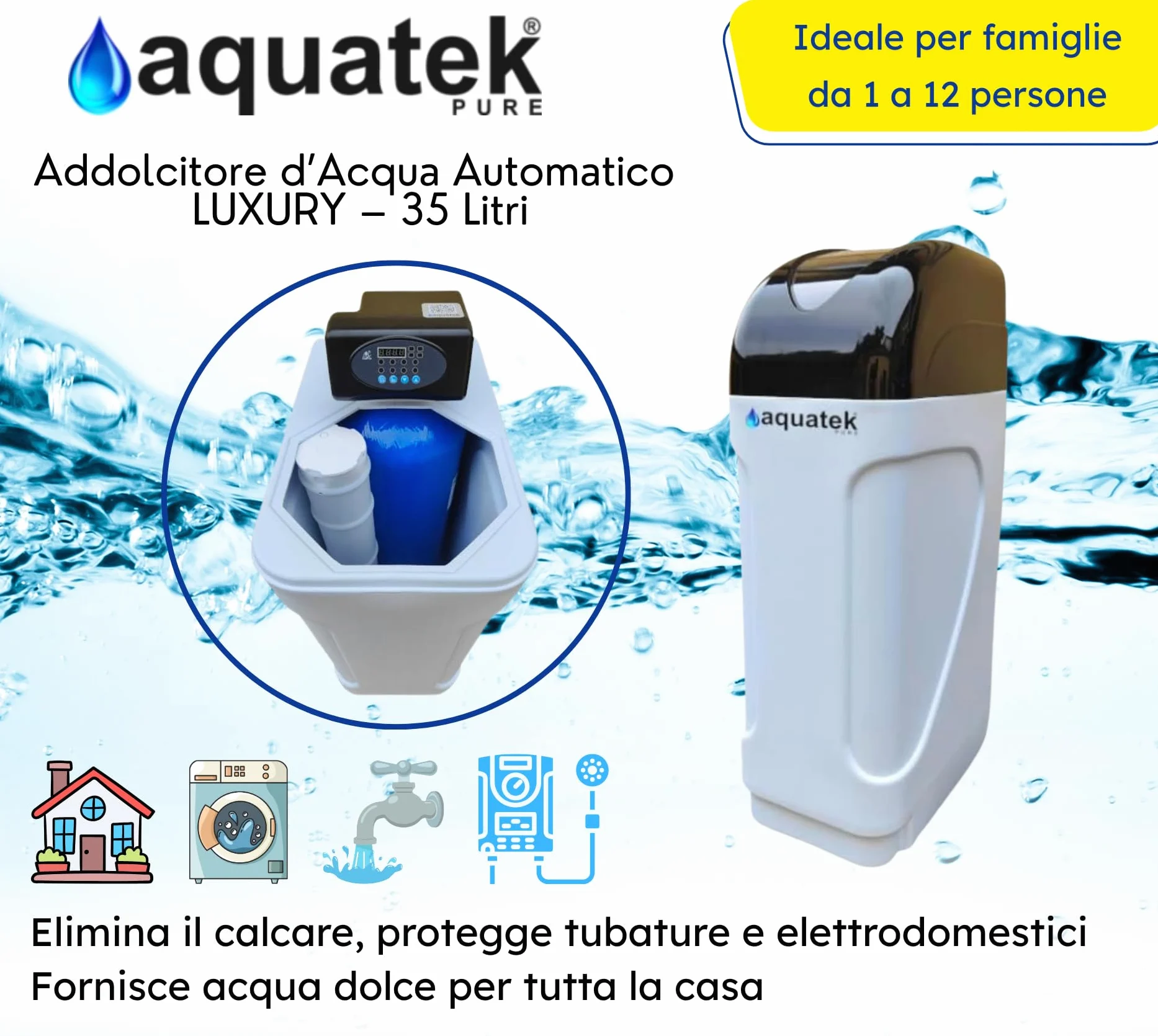 Aquatek - Addolcitore D'Acqua Automatico Cabinato Luxury 35 Litri Con Valvola Runxin F69P3 Pronto Installazione Riduzione Consumi Acqua E Sale Per Abitazioni Fino A 12 Persone Garanzia 2 Anni