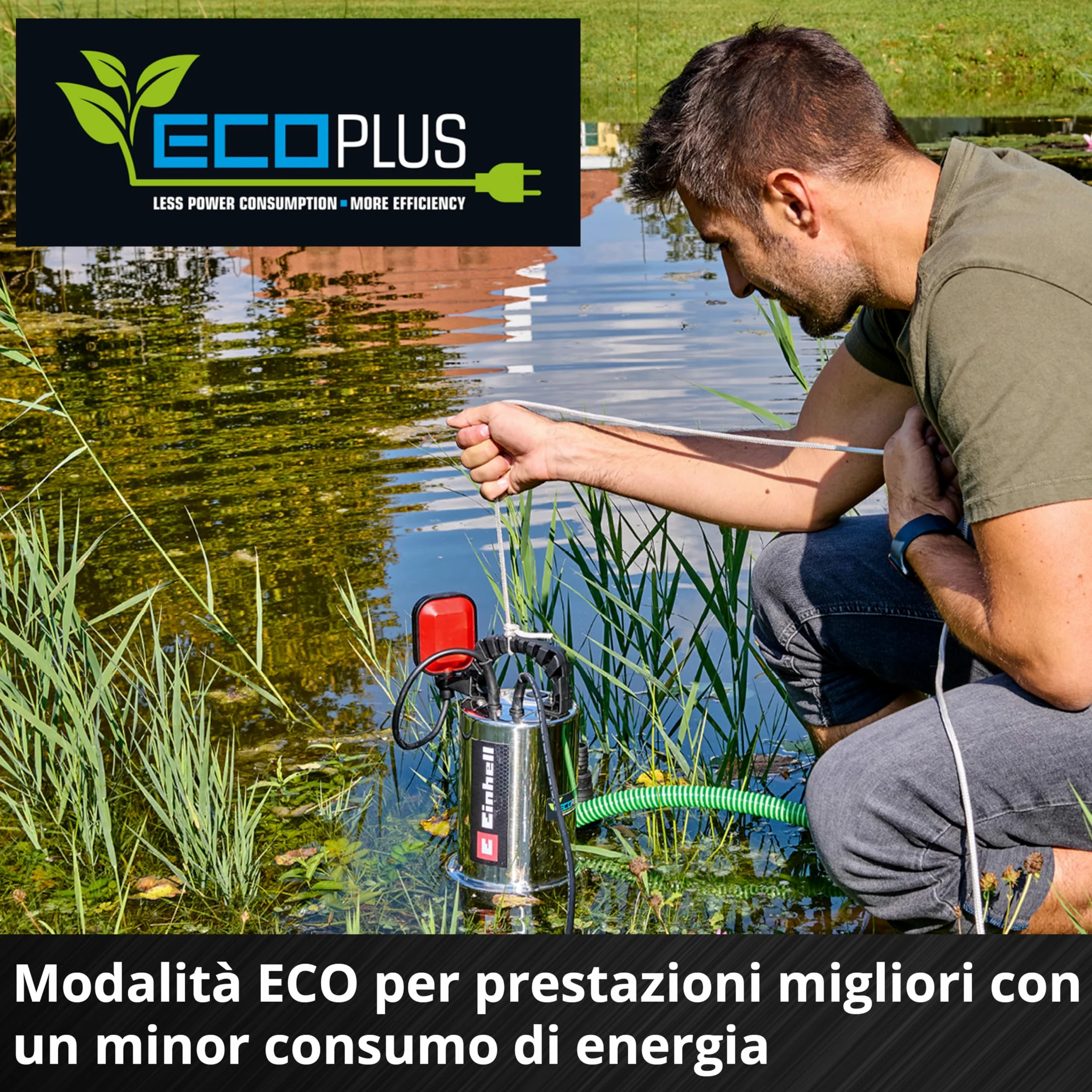 Pompa da giardino Einhell GC-DP 1170 ECO PLUS (700 W, portata max. 19.000 l/h, prevalenza max. 8 m, tecnologia ECO PLUS, coclea di scarico dell'acqua, adattatore universale 35 mm incluso)