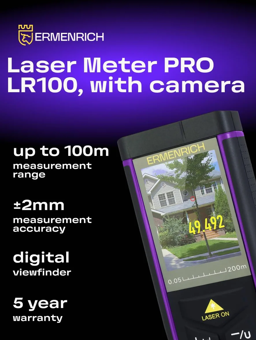 PRO LR100 Professional Distanziometro Laser Digitale con Fotocamera Strumento di Misurazione Portatile Area Volume Angolo Modalità Pitagora Cambio Unità per Uso Interno ed Esterno