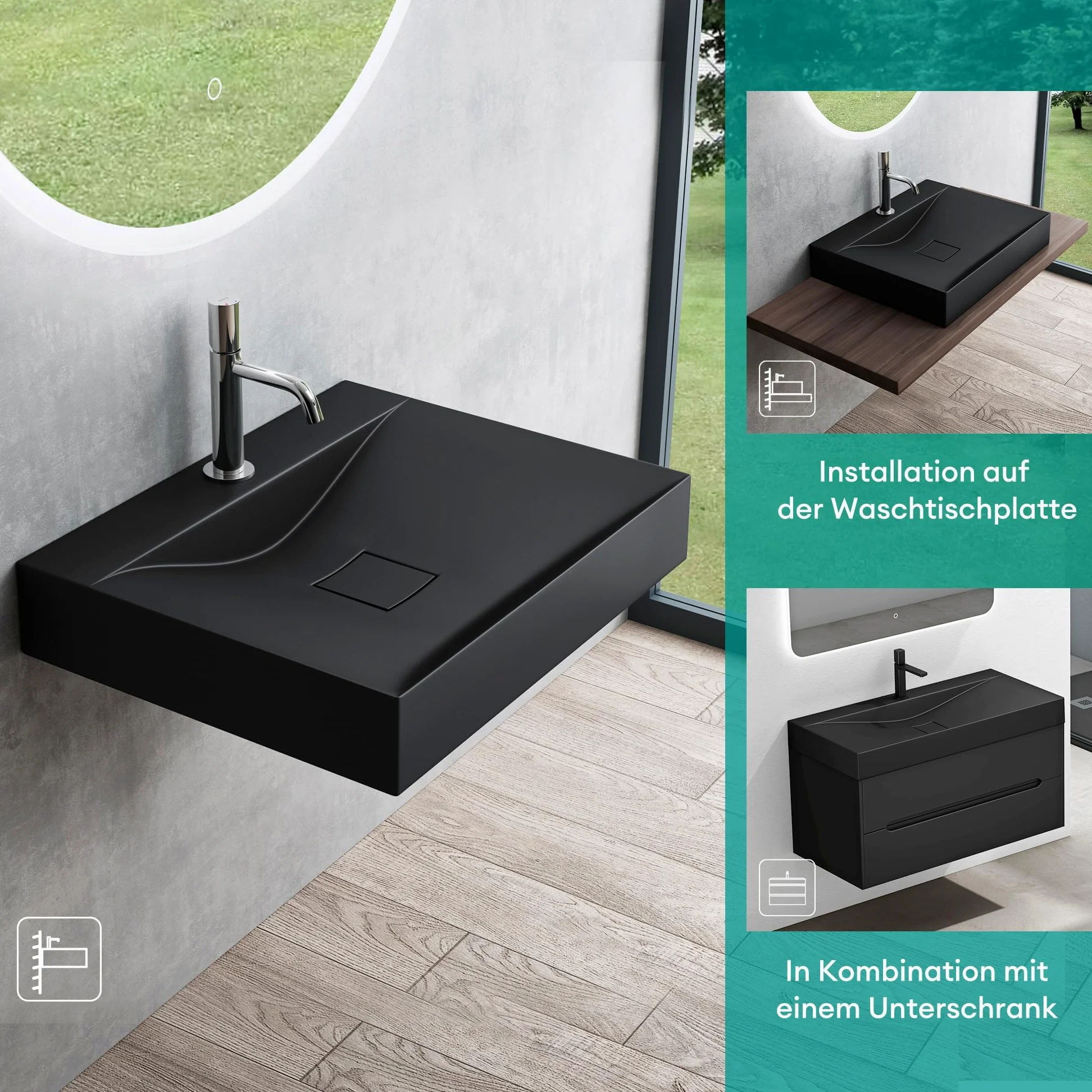Mai & Mai Lavabo da Appoggio 60x48x10cm, Lavabo Bagno Sospeso Lavandino Bagno Rettangolare Colossum810 Marmo fuso, Nero Opaco