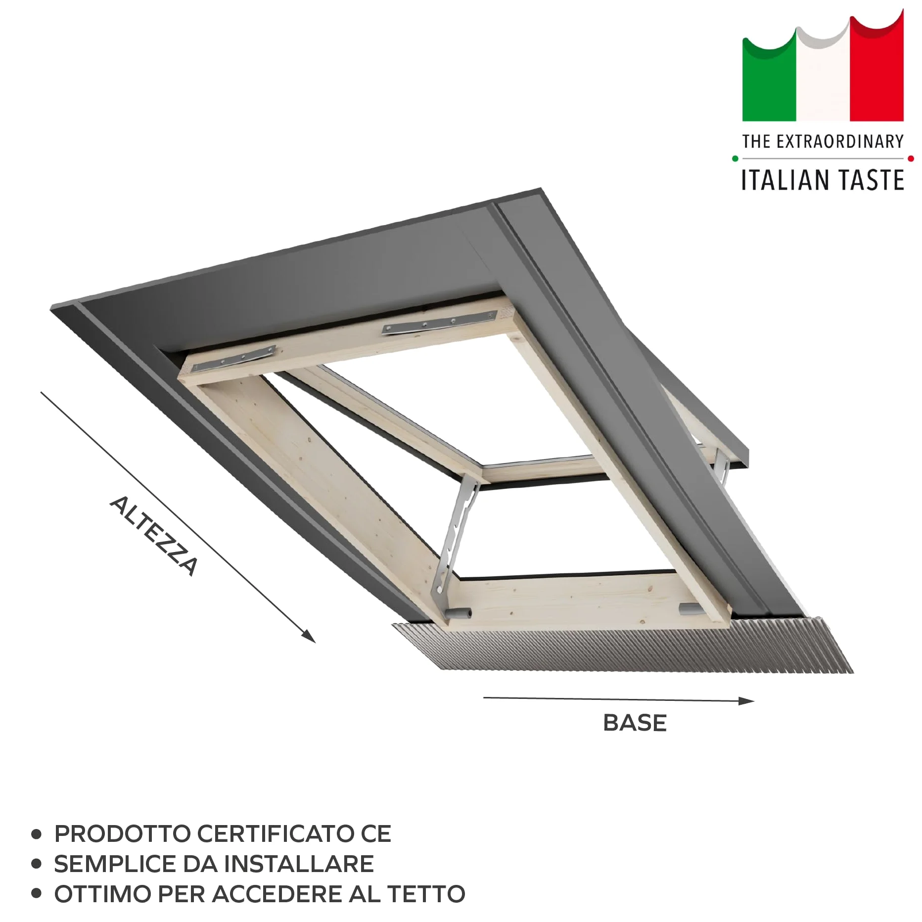 Emica - Lucernario apertura Vasistas in Alluminio | Linea Best Doppia Vetrata | Interno Legno Abete | Doppia maniglia 4 posizioni di Apertura (55x72 Base x Altezza)