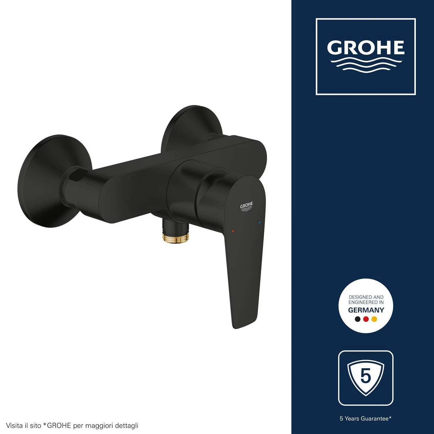 GROHE Start Edge – Miscelatore Doccia a Vista Monocomando (Montaggio a Parete, Cartuccia Ceramica 35 mm, Valvola di Non Ritorno Integrata), Nero Opaco, 24116431