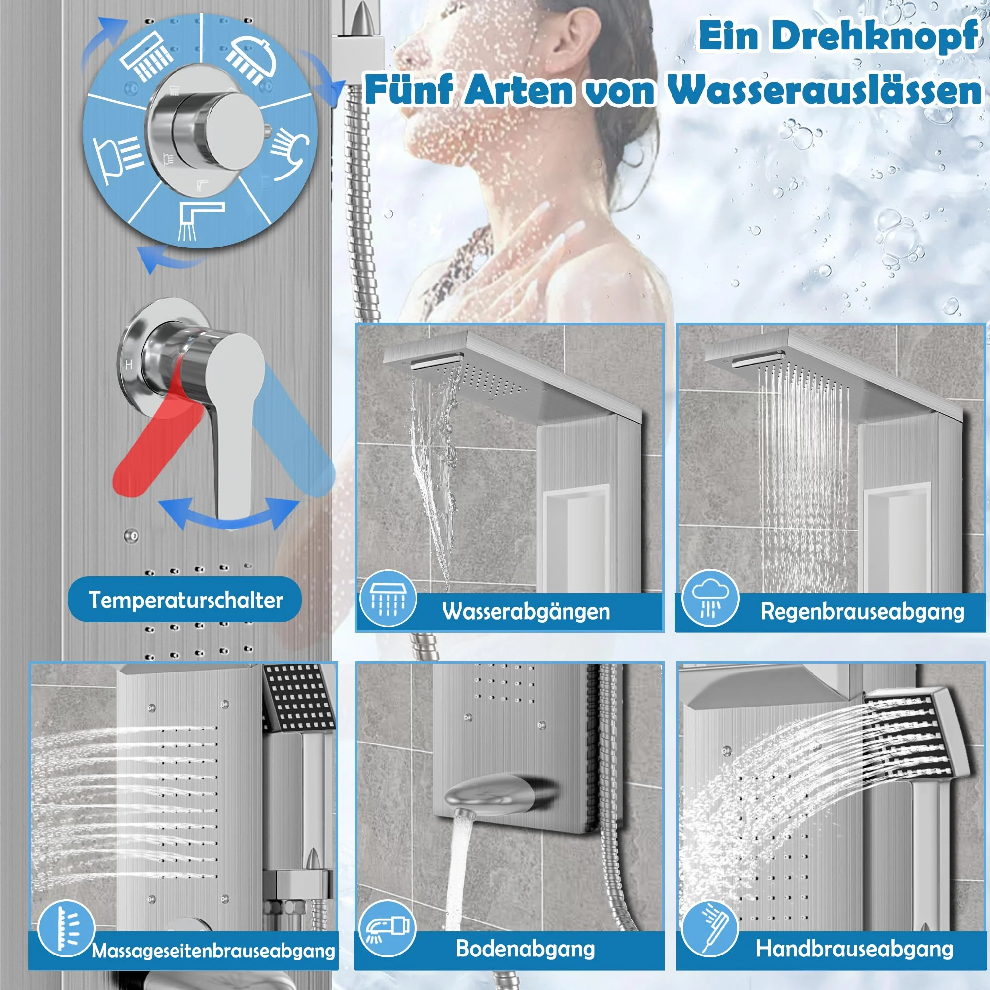 Froadp - Pannello doccia in acciaio inox, sistema doccia a parete con 5 funzioni: doccia a pioggia, con doccetta, doccia massaggiante, doccia a cascata, set doccia completo a colonna (argento)