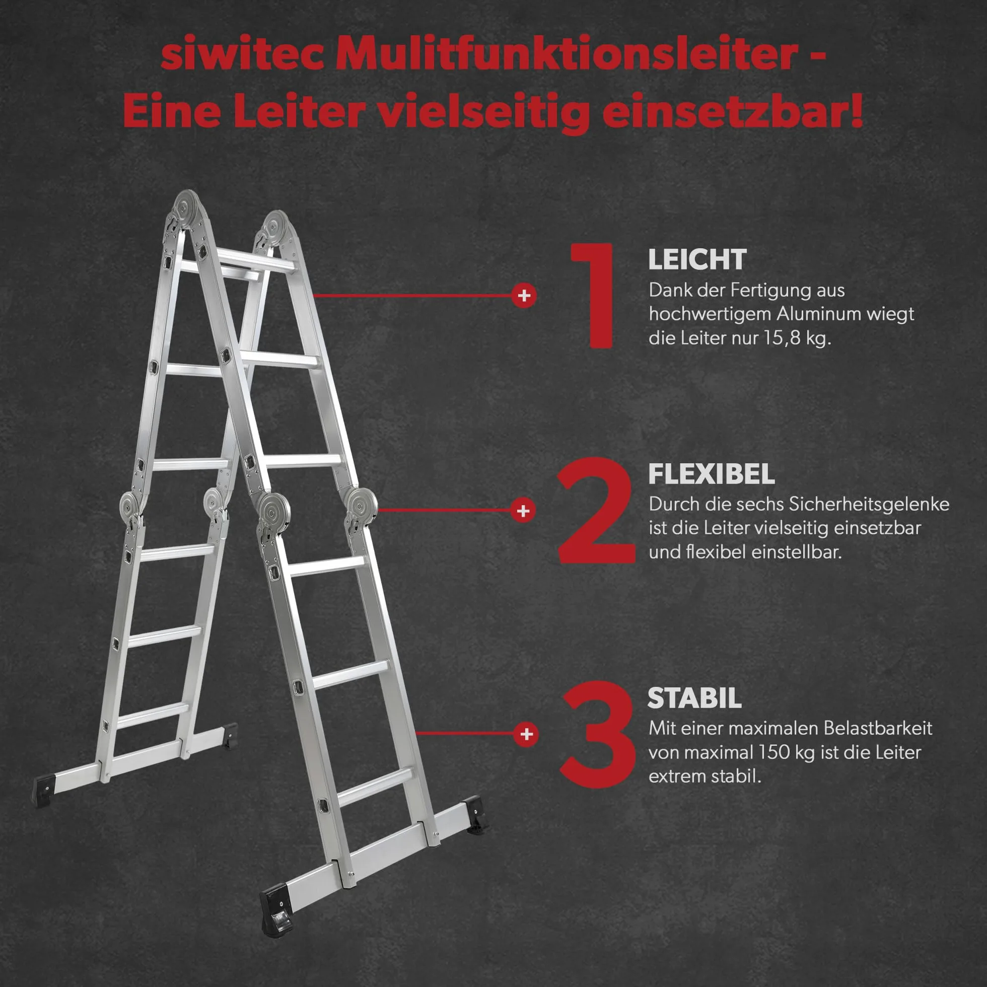 siwitec Scala multiuso 4 x 3 gradini, scala con 2 piastre di ponteggio, scala a pioli fino a 150 kg, scala in alluminio, scala domestica, 12 gradini, certificata TÜV/GS