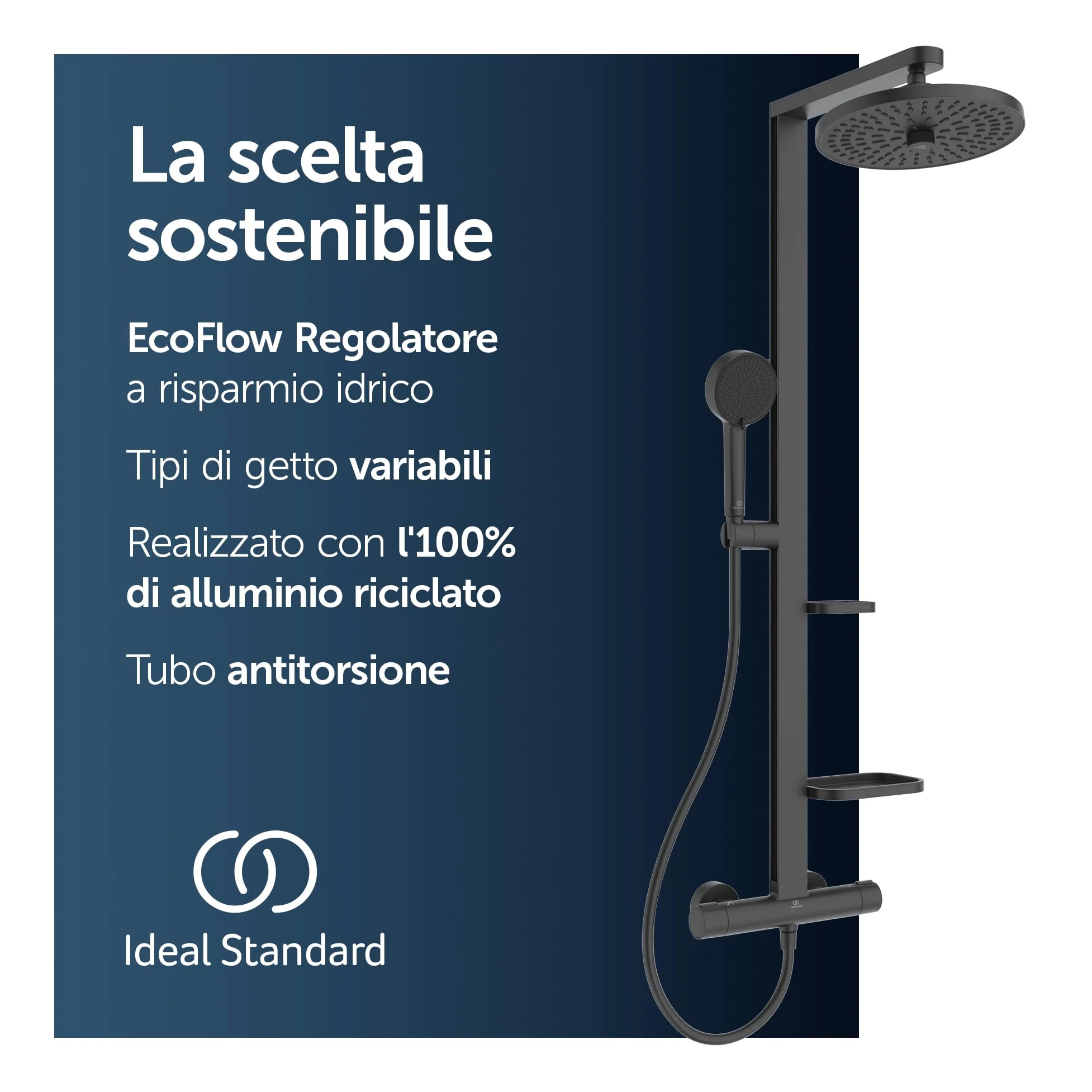Ideal Standard Ceratherm Alu+ Colonna doccia, Realizzato con l'100% di alluminio riciclato, doccia a risparmio idrico con getti variabili e protezione antiscottatura – Nero Opaco (356x501x1113 mm)