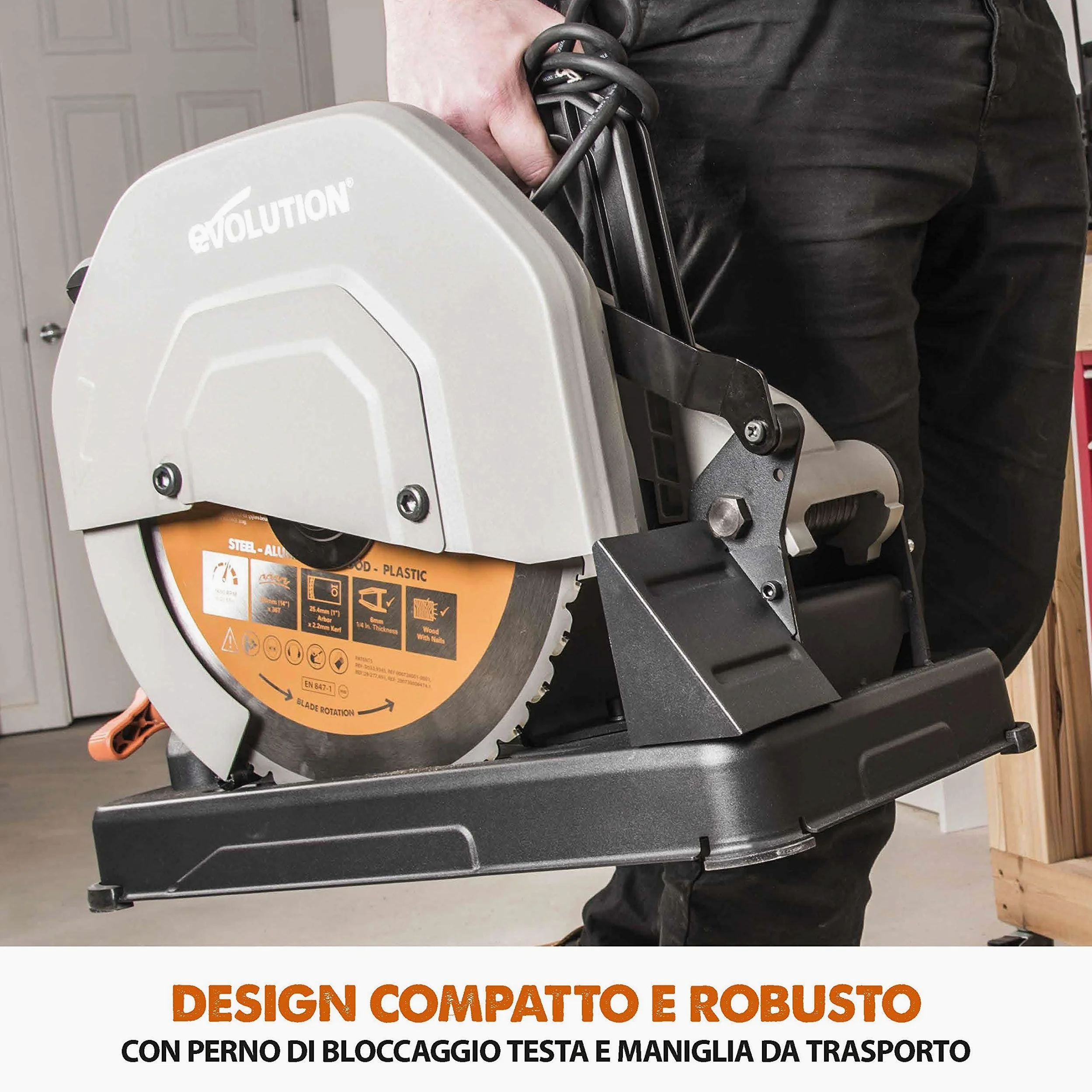 Evolution Power Tools 083-0003 R355Cps Troncatrice Per Ferro Multi Materiale, Esegue Tagli Su Acciaio, Alluminio, Plastica E Legno Anche Con Chiodi, 355 mm