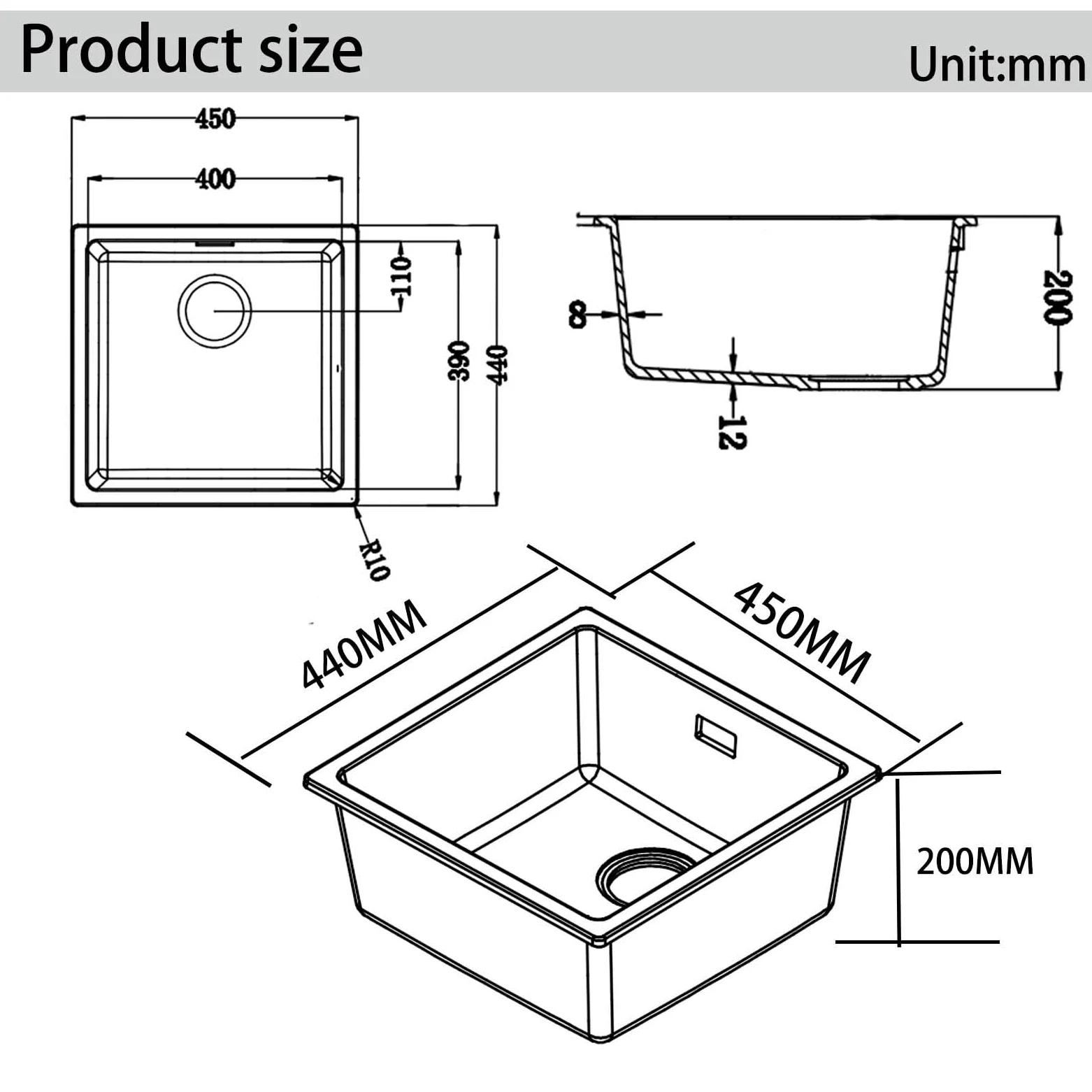 Lavello da Cucina 45 x 45 cm, Lavandino Cucina in Granito, iAnomla Nero Vasca Singola da incasso adatto per mobili sottolavello da 45 cm di larghezza, Lavabo Cucina Nero con Sifone, Moderno