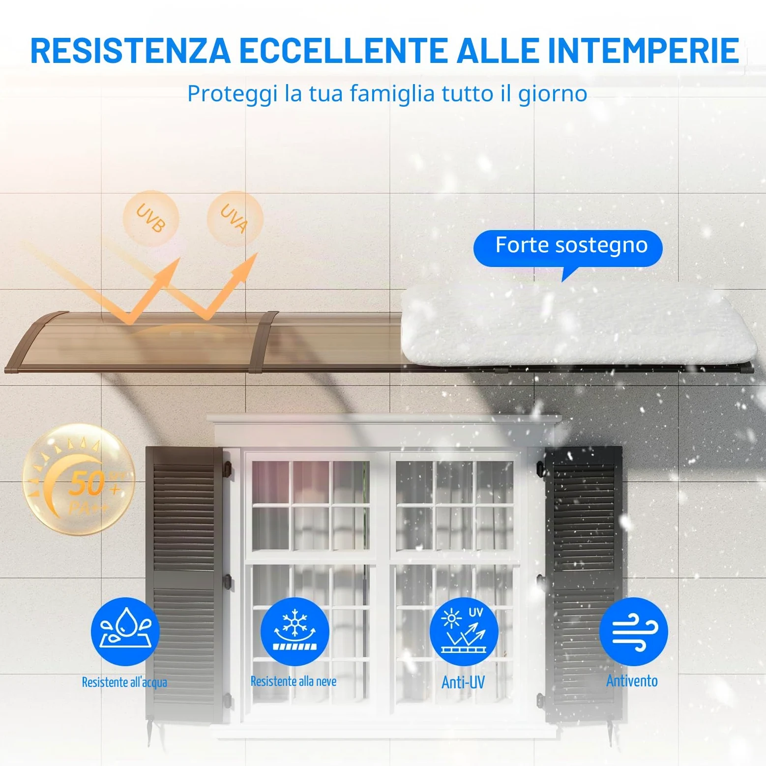 Pensilina Tettoia per Porta Balcone Esterno 200x100 cm in Policarbonato,Baldacchino Tetto per Finestra e Veranda, con Protezione UV, Antipioggia e Antineve
