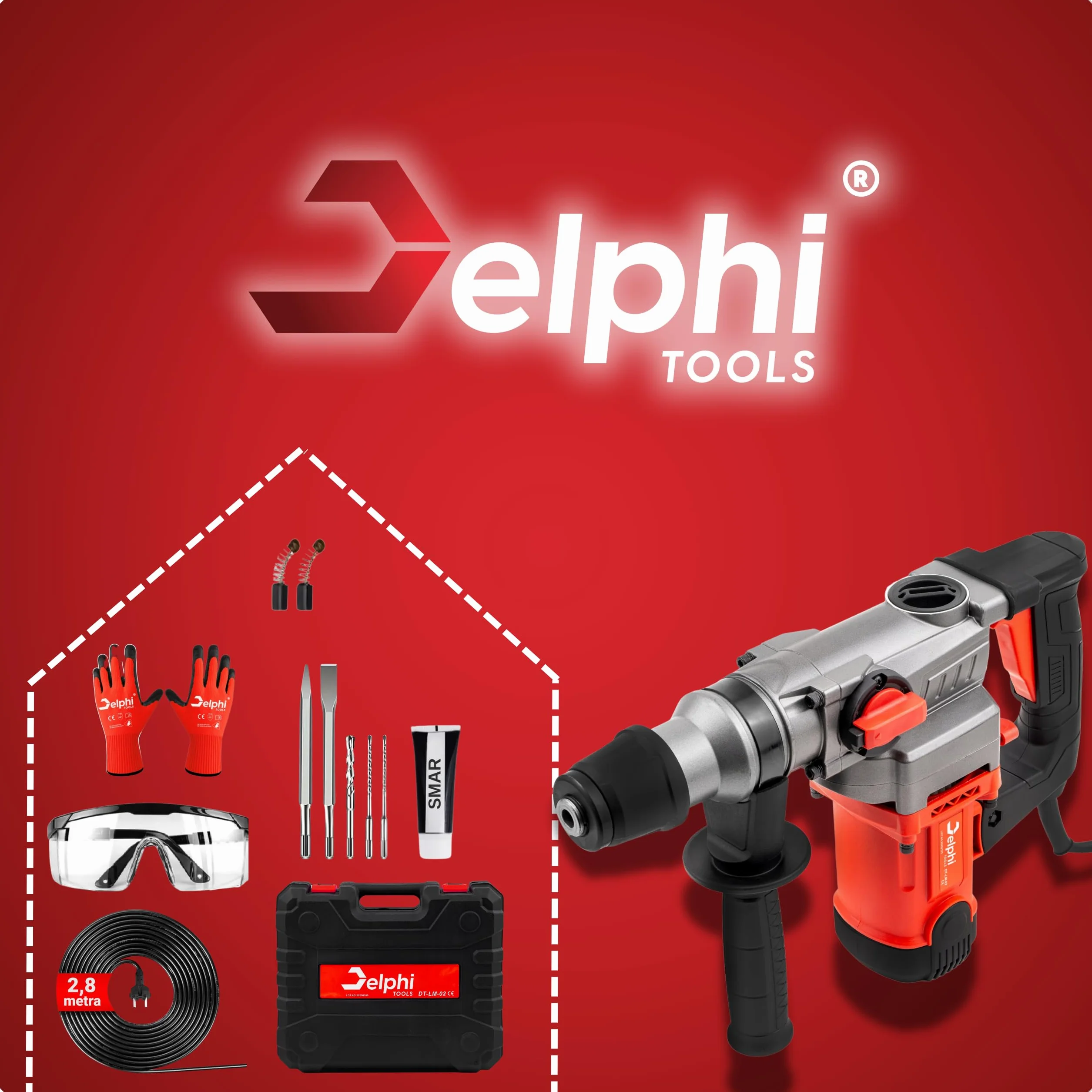Delphi Martello Demolitore SDS Plus 2200W, Trapano a Percussione 3 Funzioni, 4J Energia d’Impatto, con Custodia, Punta e Scalpello, Cavo da 2,8m, Set di Accessori
