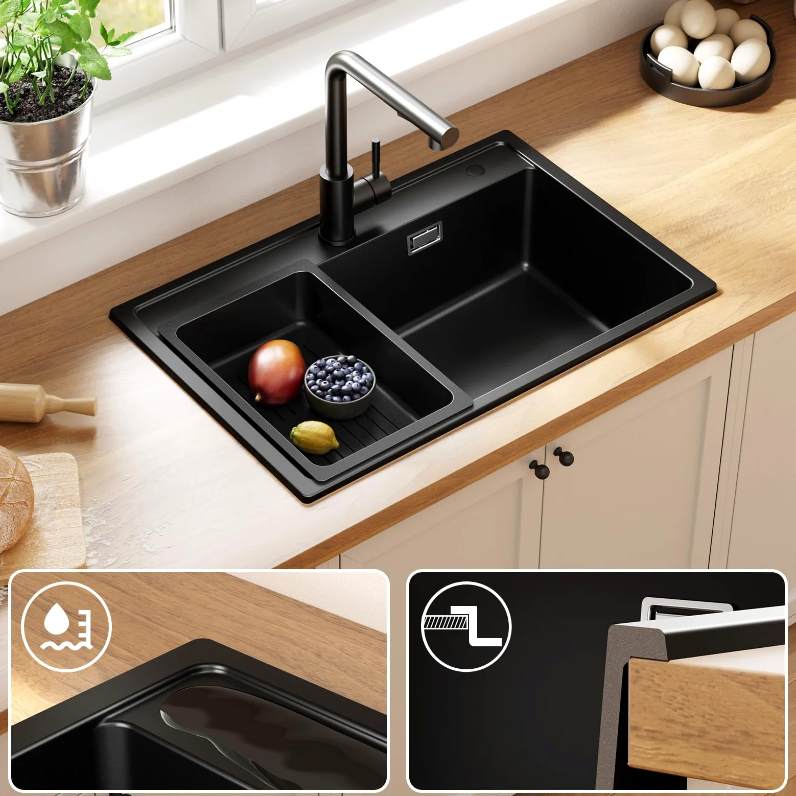 ANYCEE Lavello Cucina Nero 70x46 cm, Lavandino Cucina 1 Vasca con Cestello di Scarico, Lavello Granito per Mobile da 70 cm, Lavandino Nero di 80% Sabbia Quarzo con Sifone e Scarico