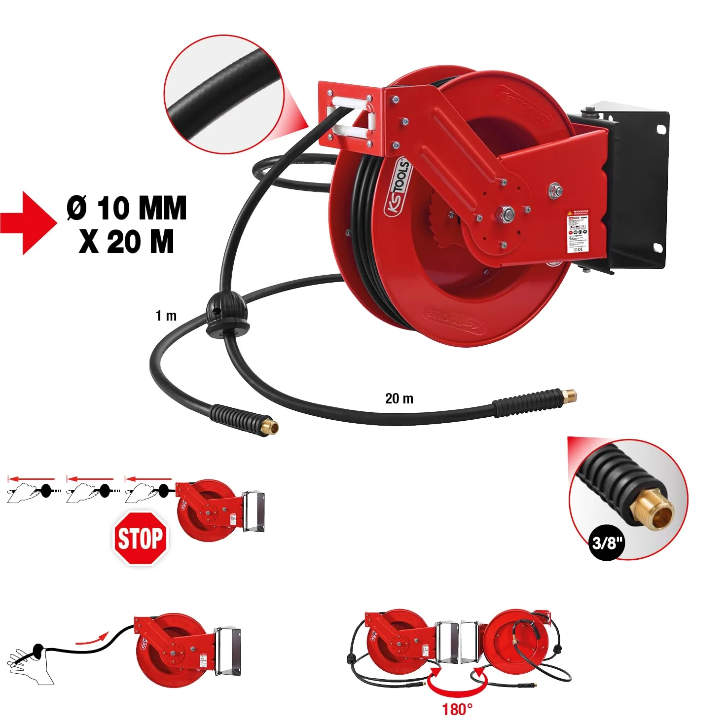 KS Tools 515.3425 - Avvolgitubo ad aria compressa, diametro 10 mm, attacco 3/8", 20 m
