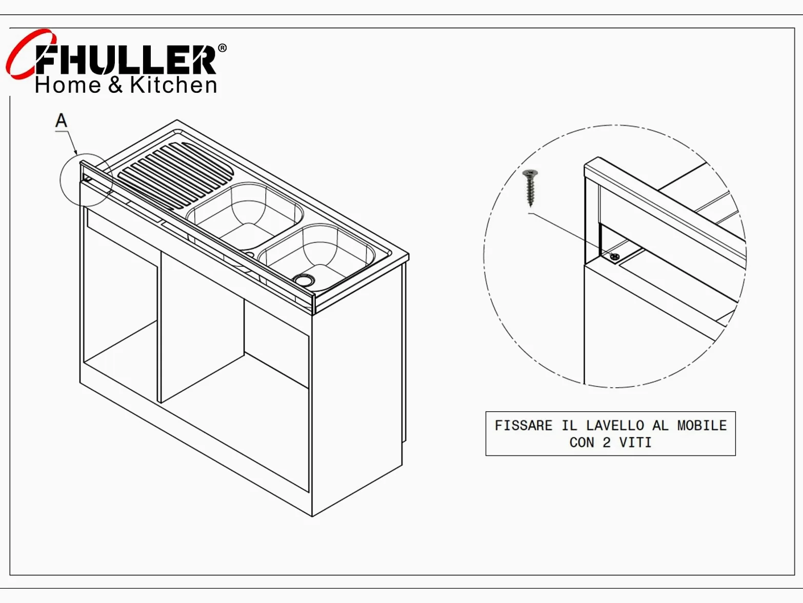 Lavello FHULLER Monostampo Da Appoggio 120X50 In Acciaio Inox AISI 304 Con Due Vasche a DESTRA e Gocciolatoio a SINISTRA Per Sottolavello da 120 Cucina Componibile Modello Pisa PI1202MLPC