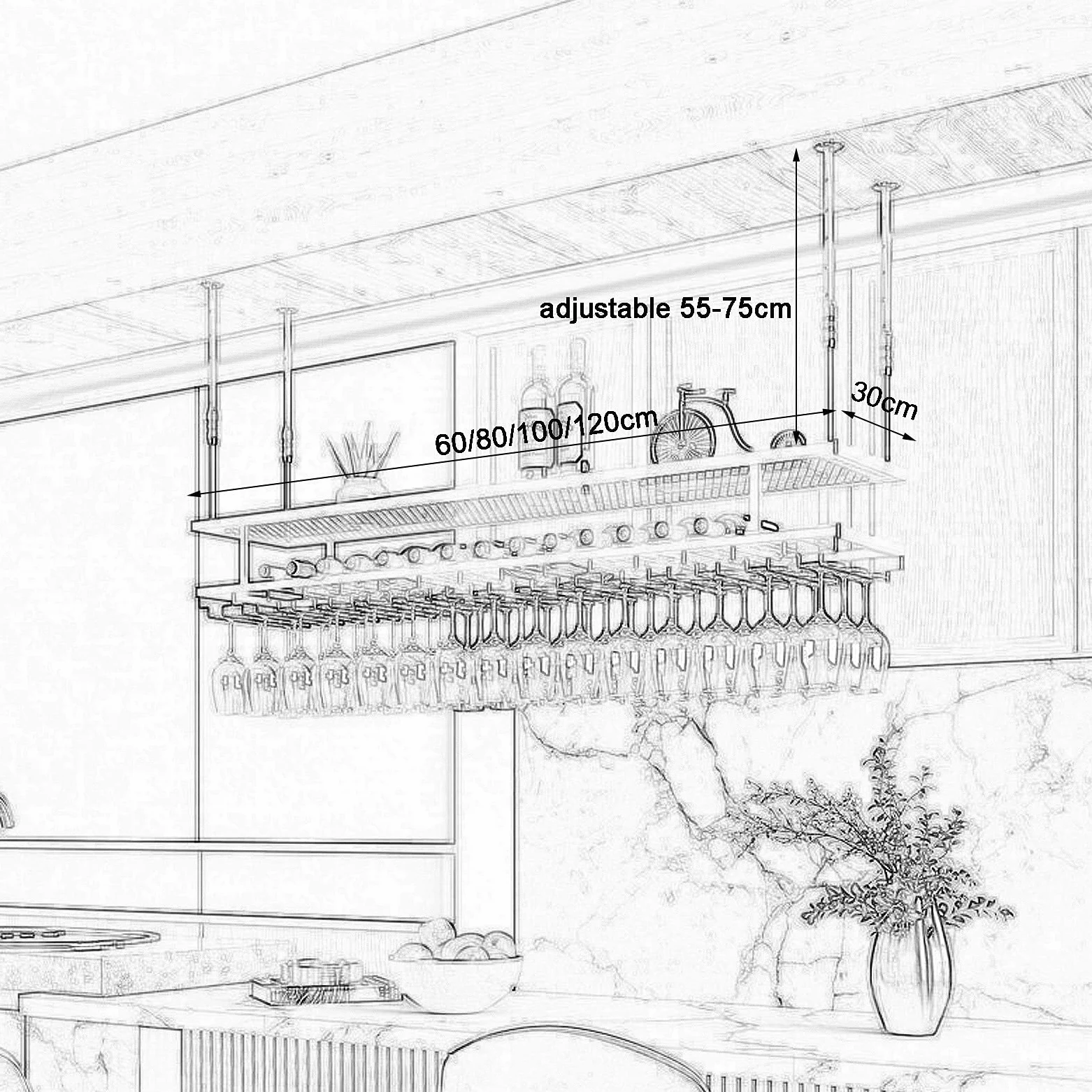 BTZHY Portabottiglie,Mensola da soffitto Industriale da Appendere con Supporto in Vetro, portabicchieri da Vino Regolabile da Bar a soffitto, mensola Galleggiante a 2 Livelli, per Esposizione, con