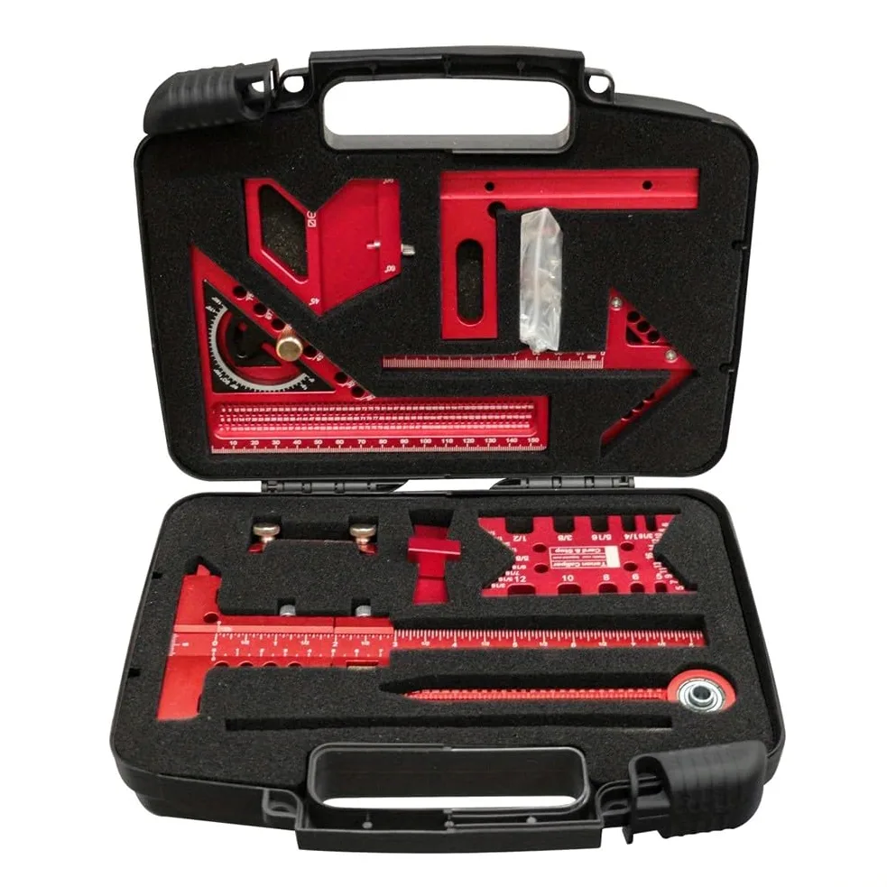 Kit di strumenti di misurazione, set di strumenti di misurazione per la lavorazione del legno con scatola di stoccaggio, righello per carpentiere, calibro per officina fai-da-te professionale (9 pezzi