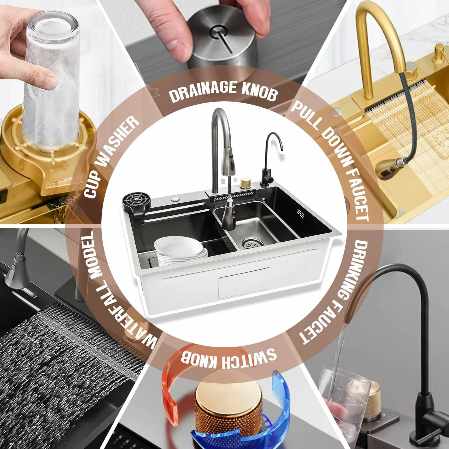 Lavello Da Cucina Multifunzionale In Acciaio Inox A Cascata, Lavello Da Postazione Di Lavoro Di Grande Capacità, Lavello A Vasca Singola Da Montare In Alto, Con Pomello Di Scarico E Accessori Completi