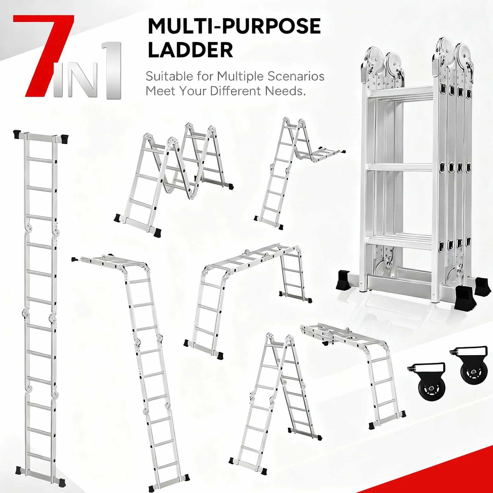 OUTIGO Scala multiuso 4x3, scala pieghevole in alluminio 7 in 1 con 2 ruote, scala multiuso per uso domestico a 12 gradini, portata massima 150 kg,
