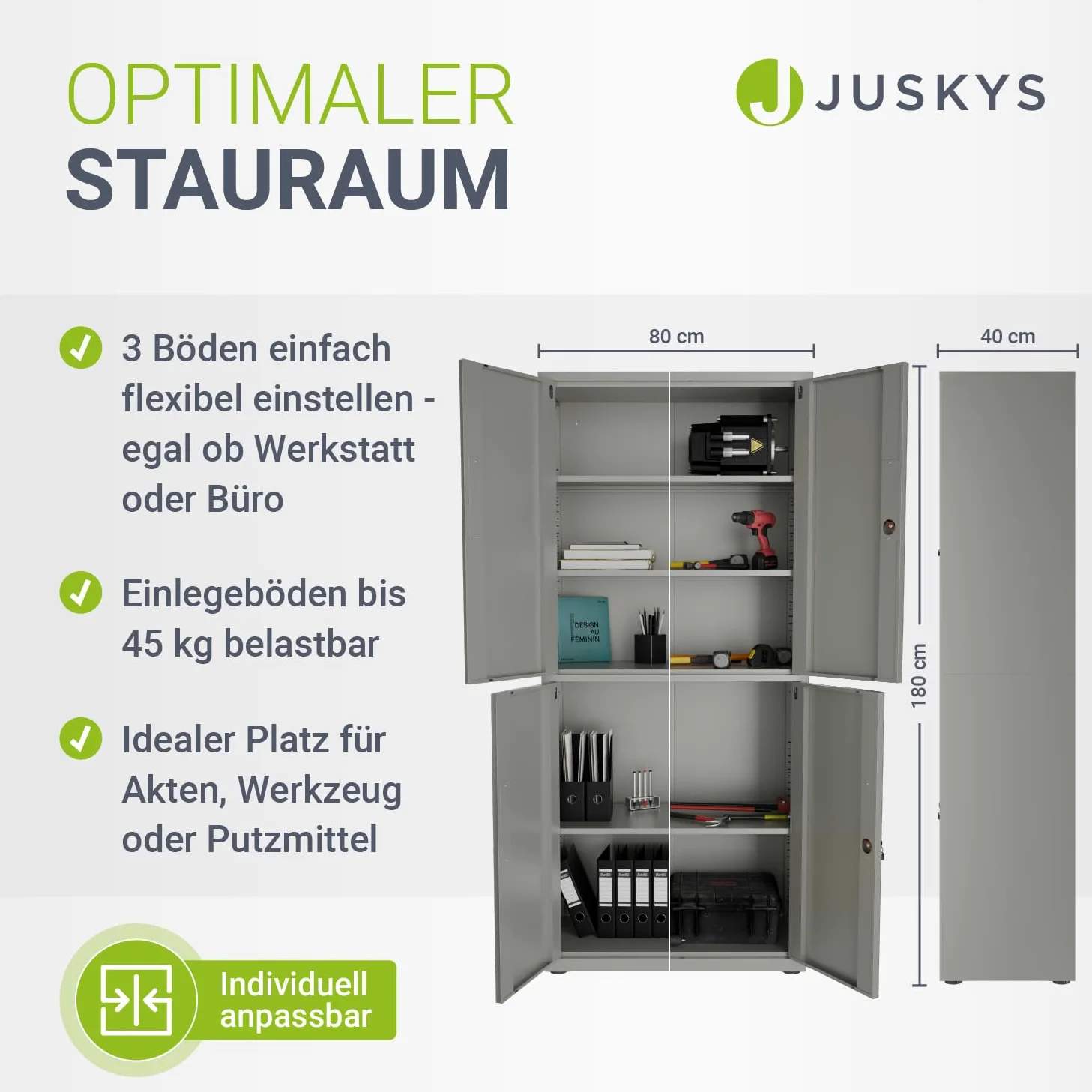Juskys armadio in metallo 180x80x40 cm – armadio da ufficio con serratura, 2 ante, 3 ripiani regolabili e piedini regolabili – Grigio chiaro