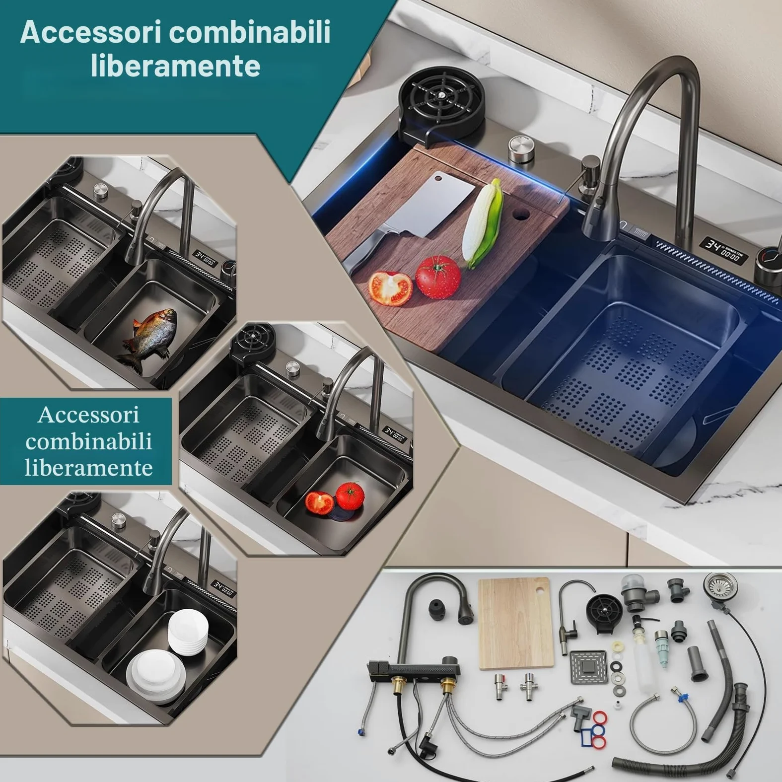 Lavandino Cucina Nero Antracite 85 x 50 cm,Lavello Cucina 1 vasca con LED rubinetto estraibile,Multifunzione Cucina in acciaio inox,Lavabo Cucina con Sifone Antiodore e Kit Scarico Completo