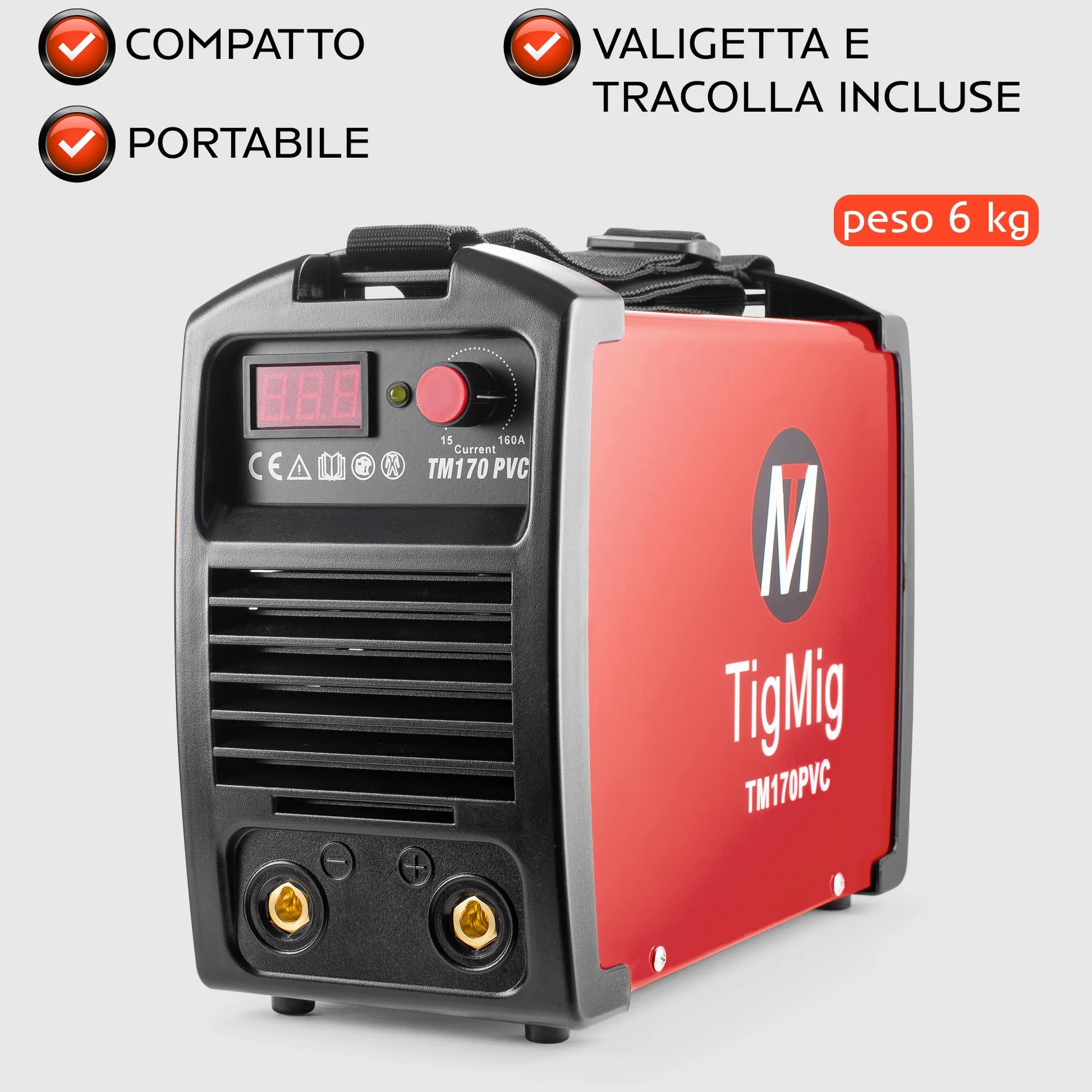 TIGMIG Saldatrice Inverter MMA (Elettrodo), Fino a 160 A, Modello TM170PVC, Con Funzione LIFT TIG, Con Valigetta In PVC Per Trasporto, Accessori Inclusi, Garanzia e Assistenza ITALIA