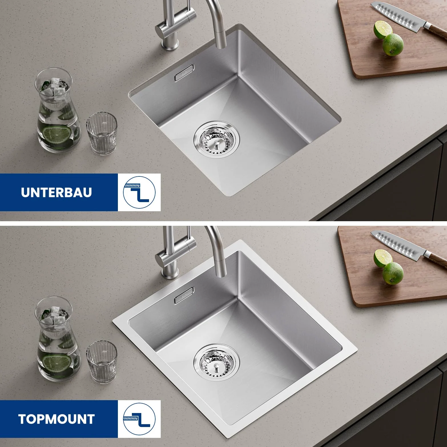 CECIPA Lavandino Cucina 40x44cm, Lavello Cucina 1 Vasca in Acciaio Inox, Lavabo Cucina Moderno Con l'Ultimo Sifone e Troppopieno, Lavelli da Cucina