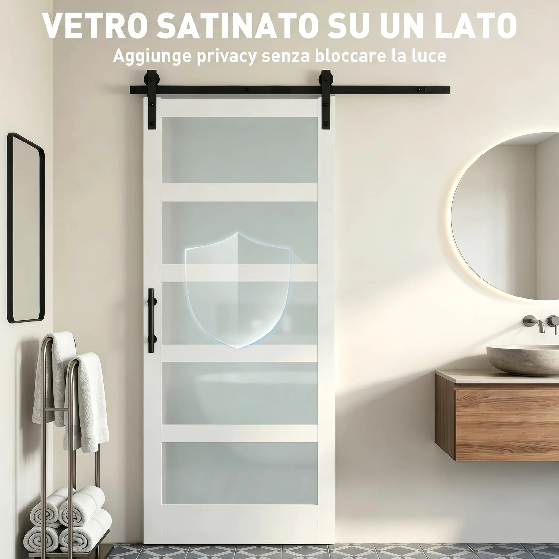 HOMCOM Porta Scorrevole Interno 91.4x213.4cm in Vetro Satinato, MDF e Pino, Binario Silenzioso in Acciaio, Kit Ferramenta, Maniglia Migliorata, Porta da Interno Stile Industriale, Impermeabile, Bagno