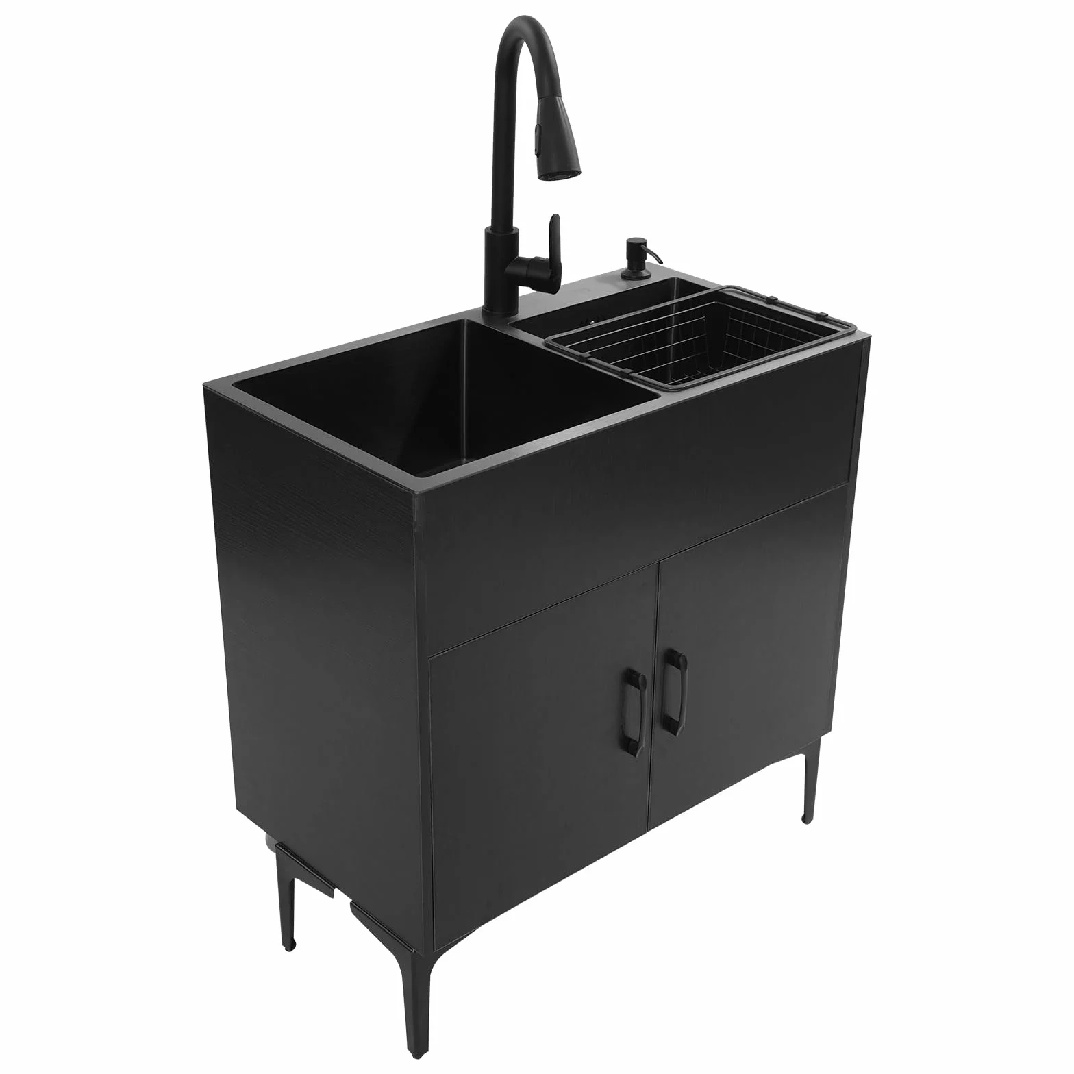 Lavello da cucina autoportante, lavello per bucato con armadio in legno, lavello in acciaio inox con doppia vasca, lavello a 2 vasche con rubinetto estraibile, scolapiatti, dispenser di sapone (nero