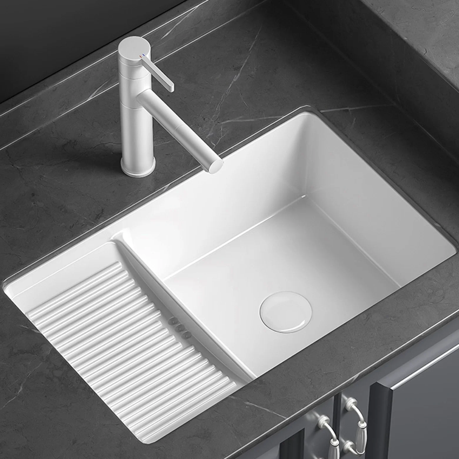 Lavabo in ceramica rettangolare per lavabo da bagno, bianco,Lavandino da bagno sottopiano,vasca lavanderia con asse per lavare,Con rubinetto, valvola ad angolo e scarico, adatto per bagno (Size : 53