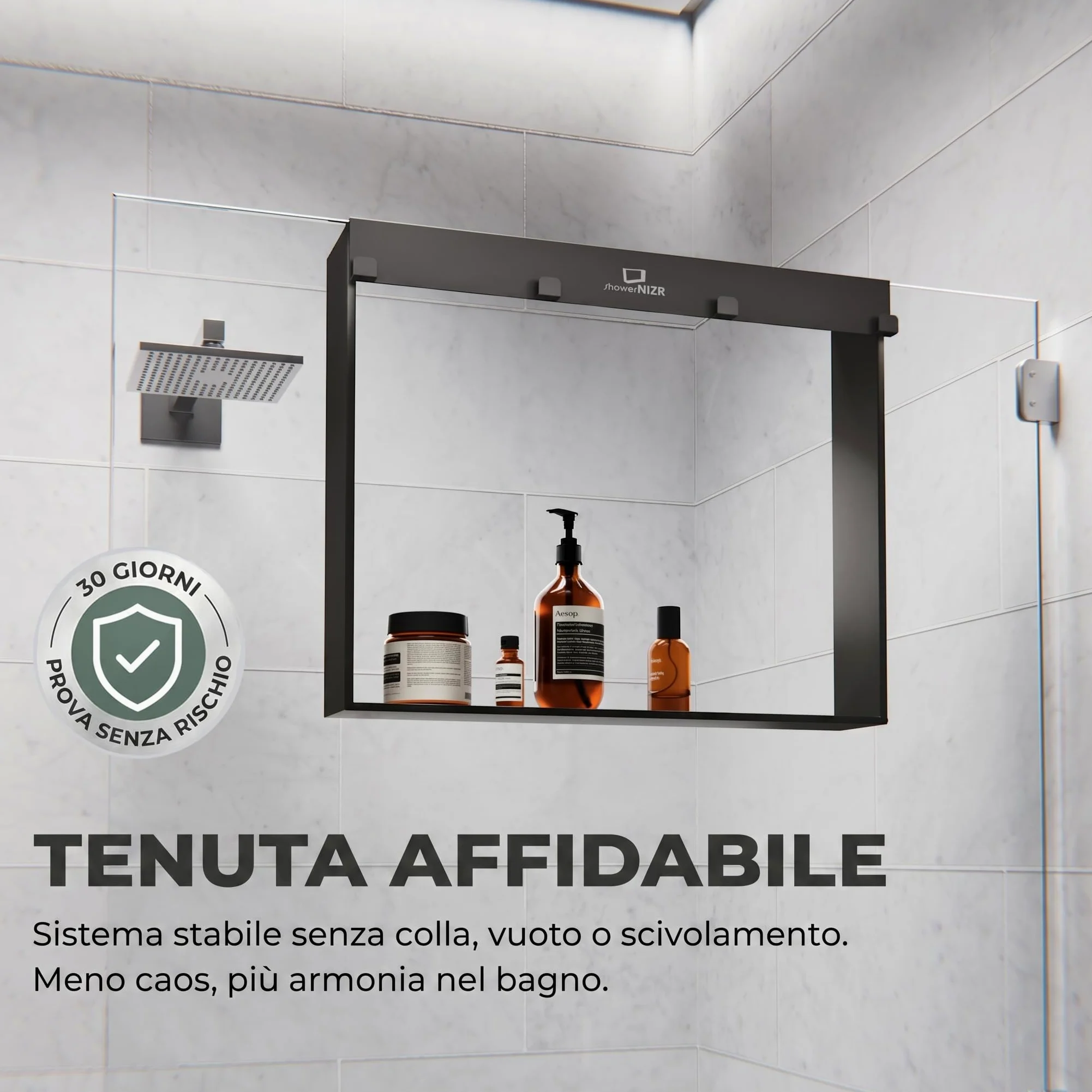 ShowerNIZR Mensola doccia Grey - Mensola doccia senza foratura da appendere alla parete in vetro in acciaio inox con 4 ganci porta shampoo per organizer doccia moderno e ordine nel box doccia