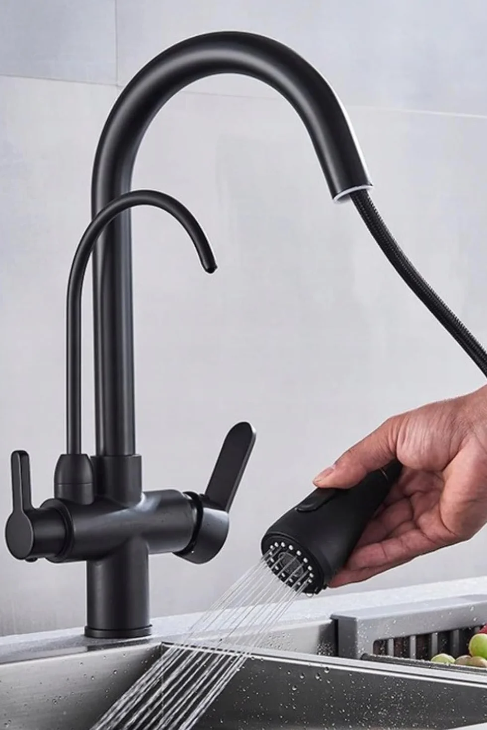 Nordic - Rubinetto da cucina a 3 vie, con collegamento filtro dell'acqua, doccetta estraibile, girevole a 360°, vie d'acqua separate, 2 tipi di getto, cartuccia in ceramica, nero opaco