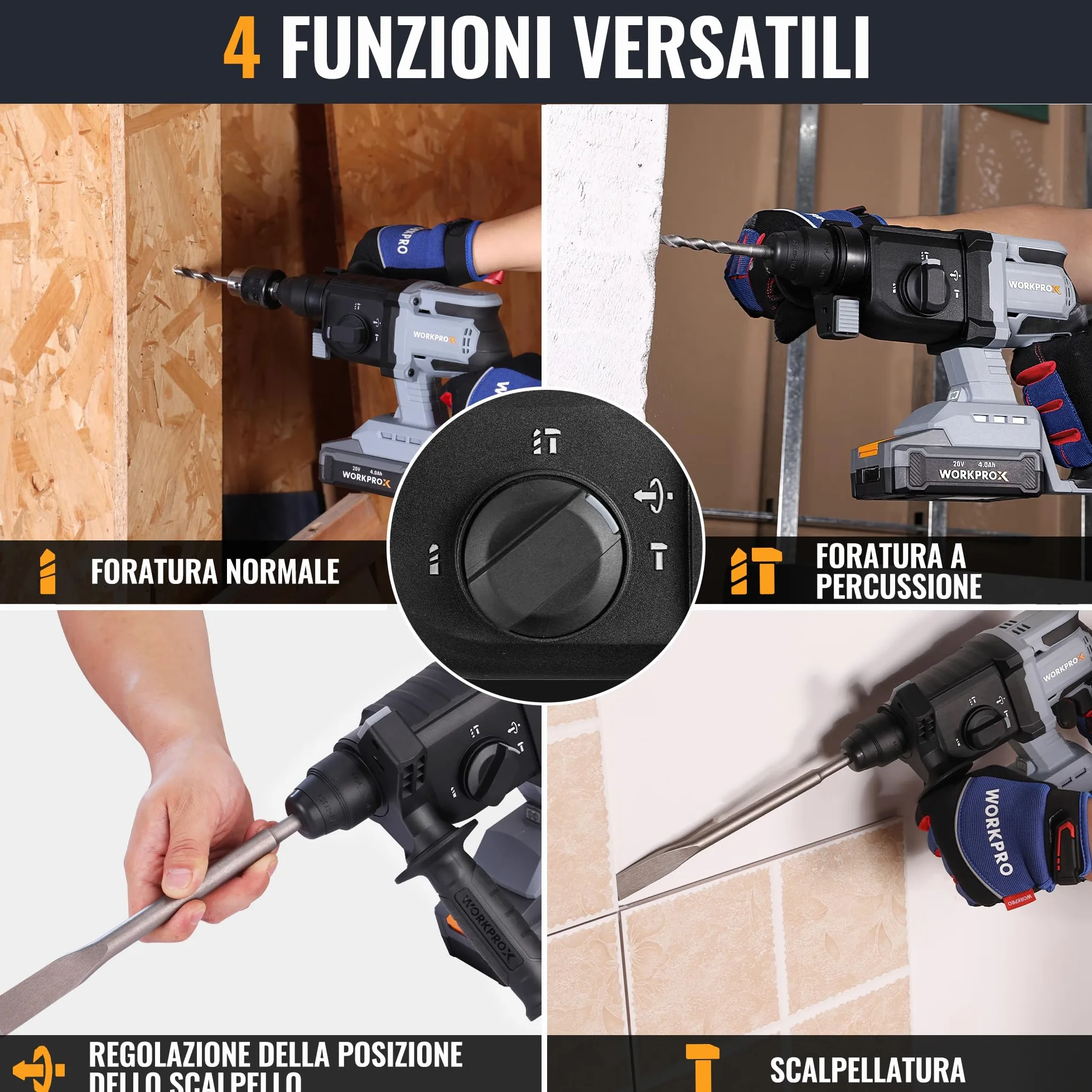 WORKPROX Martello perforatore a batteria 20V SDS-Plus, 2,0 J, Motore Brushless, 4 Funzioni, Batteria 4,0Ah, Ideale per Fai-da-te e Lavori Professionali