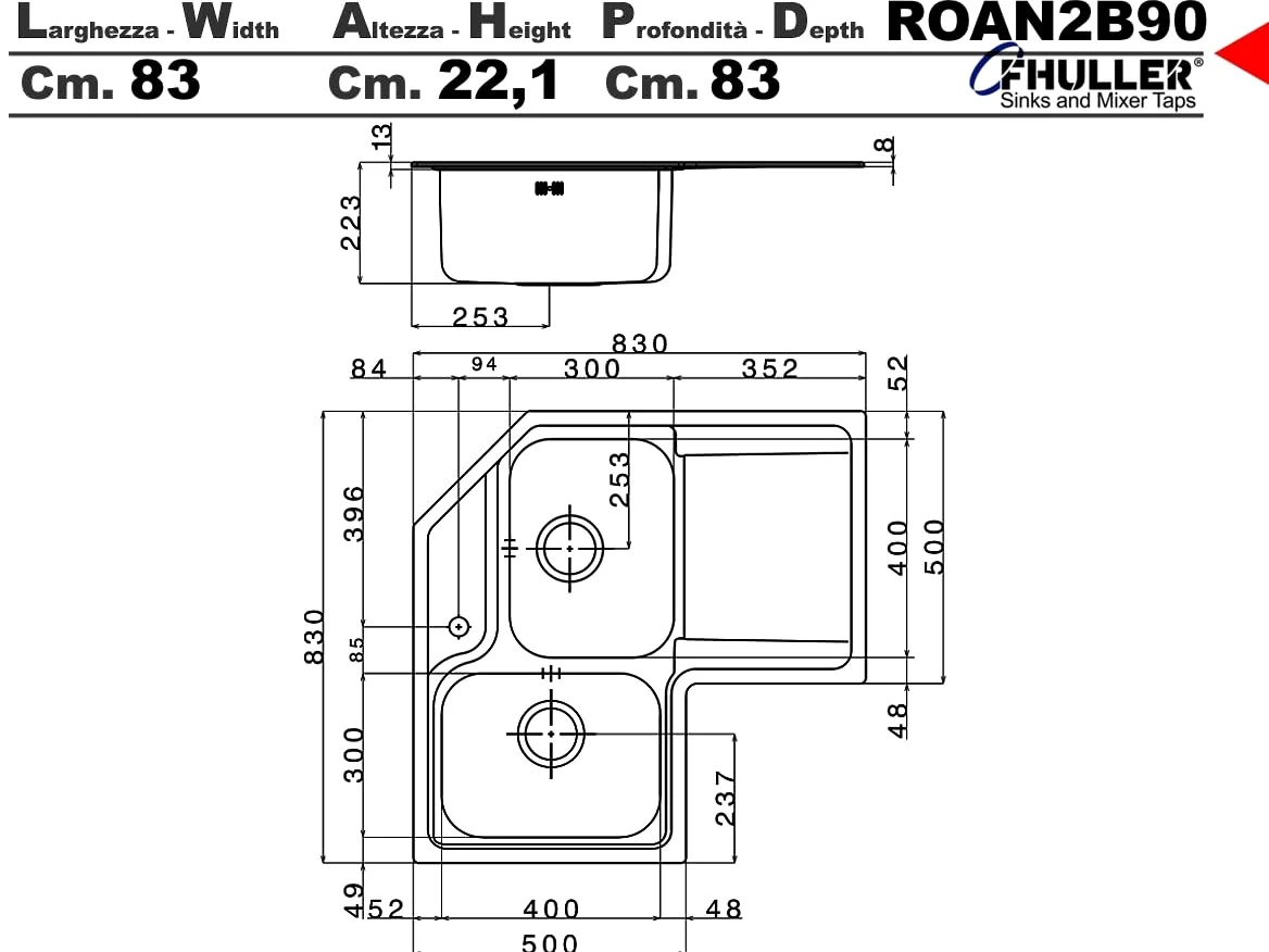 Lavello da Cucina Angolare, 83x83 cm, 2 Vasche con Gocciolatoio Destro, Acciaio Inox