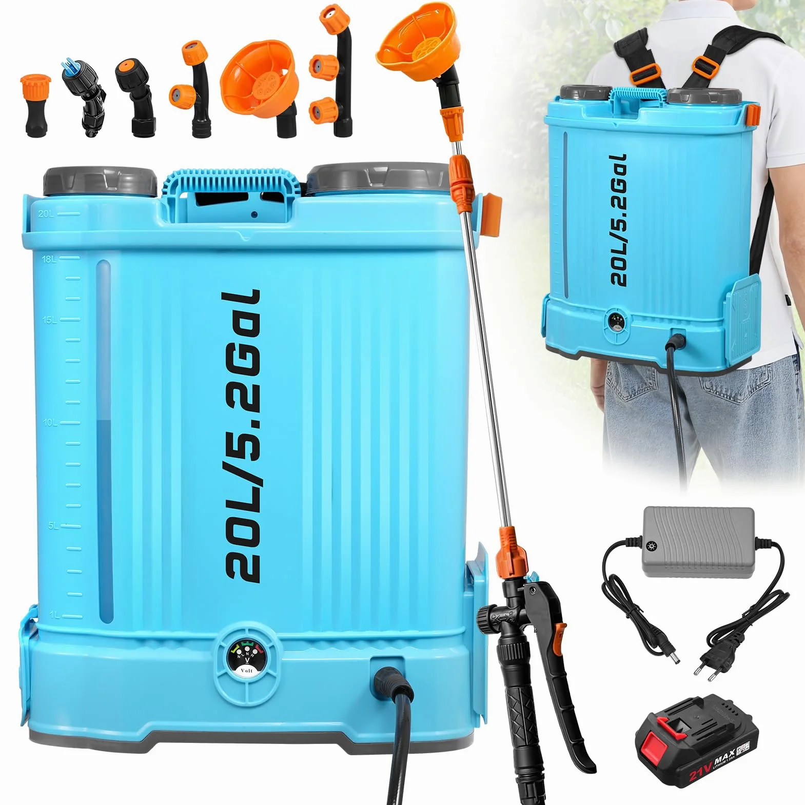 Pompa Irroratrice a Batteria 20L, 100PSI Pompa a Spalla Elettrica, Spruzzatore Elettrico a Pressione Regolabile, 6 Ugelli Multifunzionali, Lancia Telescopica Inox (20L)
