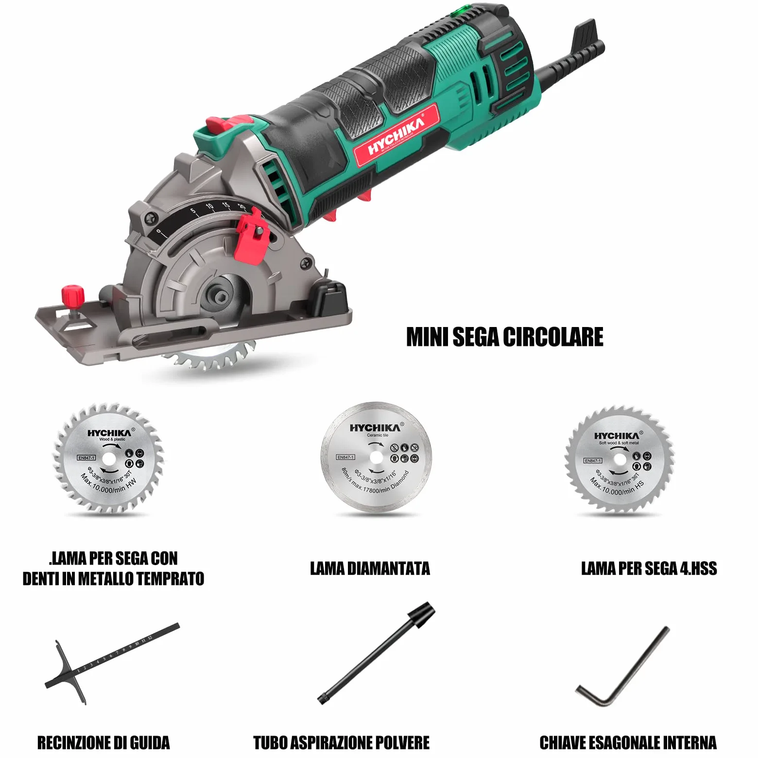 HYCHIKA Sega Circolare, 500W Mini Seghe Circolare 4500RPM, Profondità di Taglio: 0-25mm,Tubo per Aspirapolvere, 3x Lame adatto per Legno, Plastica, Metallo Morbido