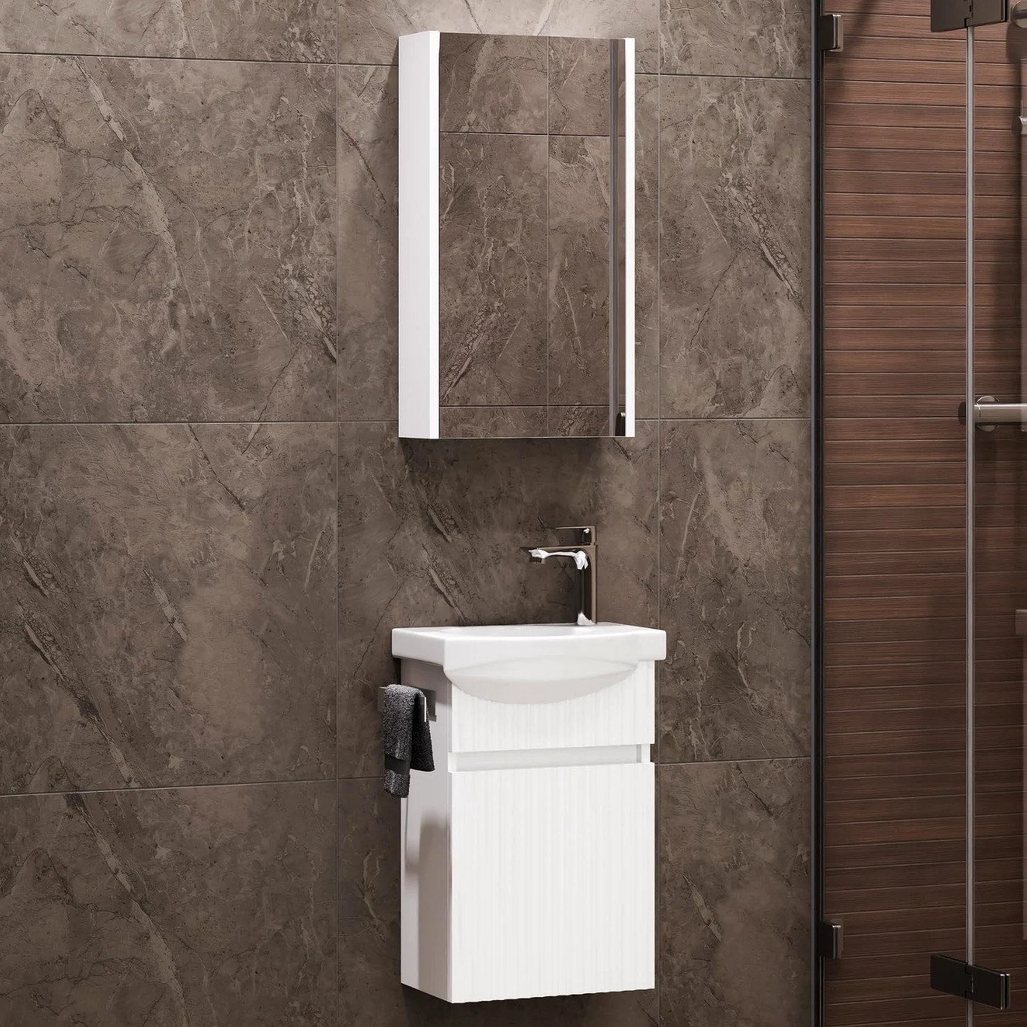Planetmöbel Lavabo con mobiletto, 40 cm, con lavabo in ceramica e armadietto a specchio, set di mobili da bagno, bianco opaco