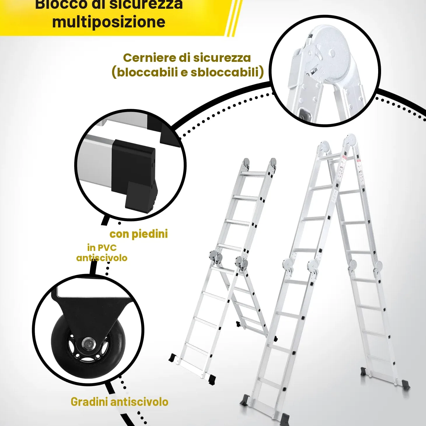 4 x 5 Scala multiuso pieghevole da 582 cm, 7 in 1 Scala Multifunzionale Alluminio con 2 piattaforma + Doppia puleggia, fino a 150 kg