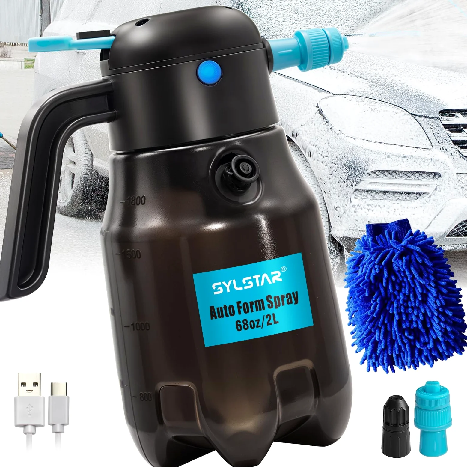 SYLSTAR Pompa Irroratrice a Batteria 2L, 4,2 Bar Spruzzatore a Pressione Ricaricabile con 2 Ugelli, Spruzzatore a Batteria Spruzzatore Schiuma per Lavaggio Auto, Autopressurizzazione