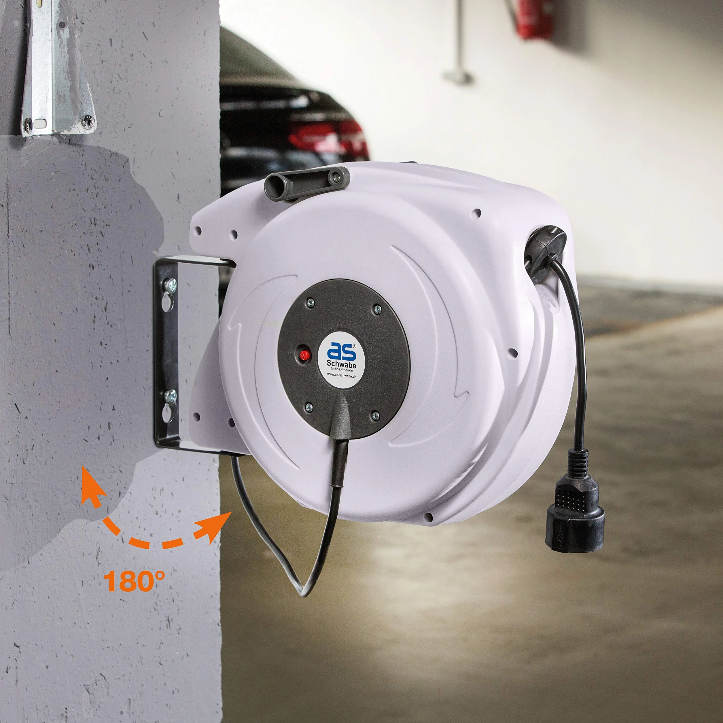 as - Schwabe avvolgicavo automatico 20 m, 180° orientabile, montaggio a parete o soffitto, rimovibile uso mobile, 230 V 16 A, IP20 interno
