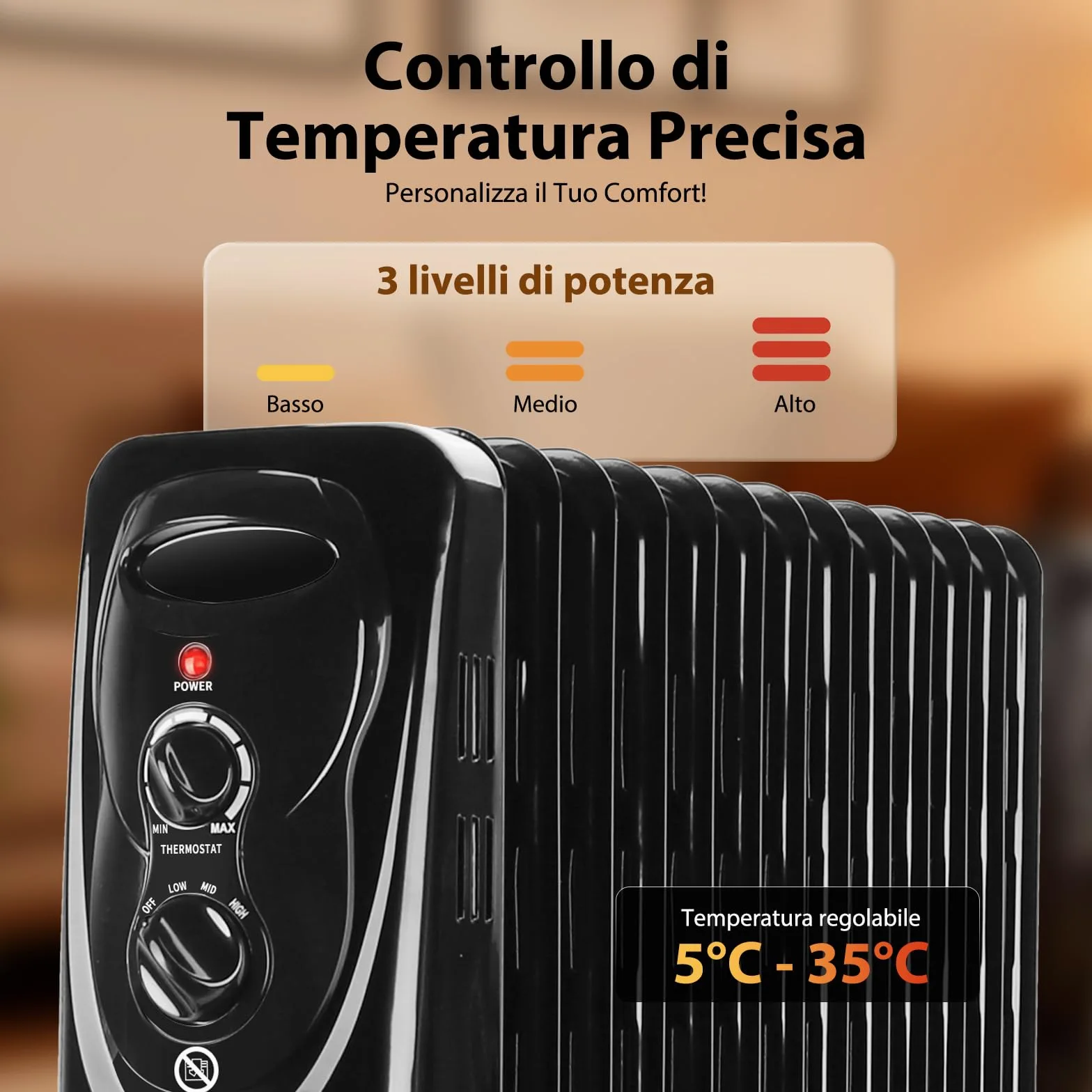 Aigostar Black Forest - Radiatore ad Olio 2500W, 13 Elementi Riscaldatore Elettrico Portatile, 3 Livelli di Calore, Termostato e Spegnimento Automatico di Sicurezza, Silenzioso, 55mq