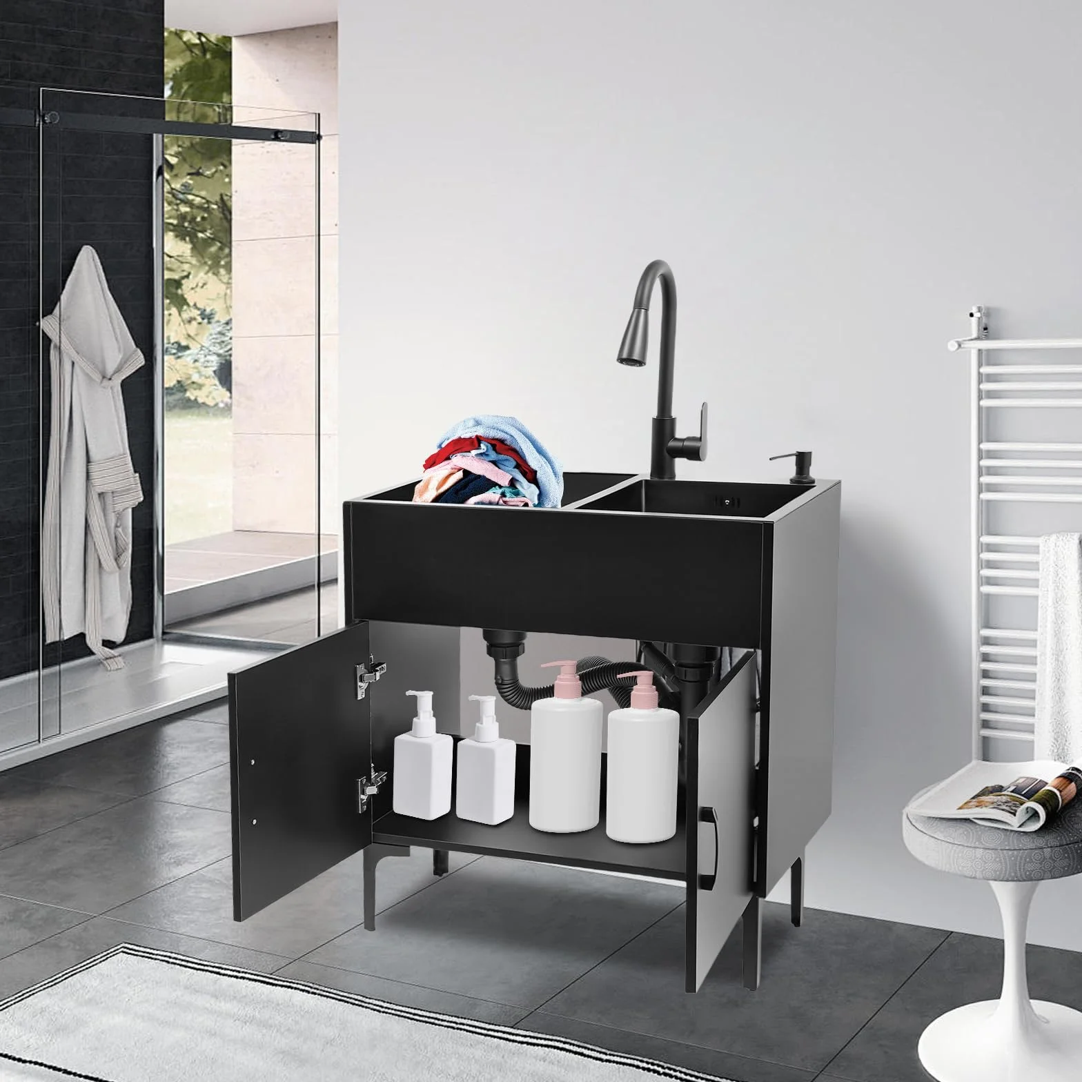Lavello da cucina autoportante in acciaio inox con 2 vasche da 75 x 41 cm, lavello nero con rubinetto estraibile e mobiletto inferiore, per cucina domestica, giardino, esterni, lavanderia