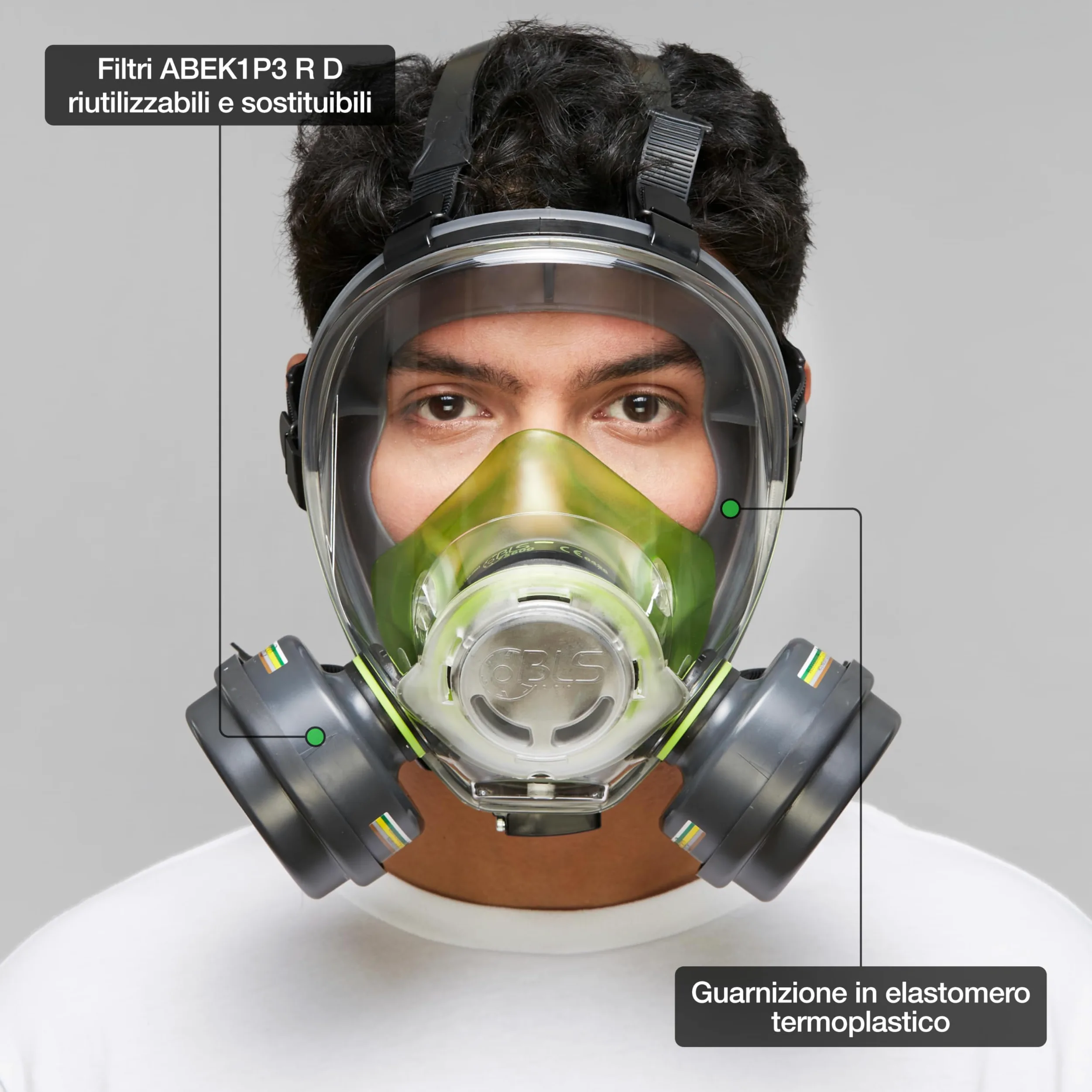 BLS 5600 con filtri 222 ABEK1P3 R D Maschera Intera con Guarnizione in TPE e 2 Filtri Sostituibili 222 ABEK1P3 con Attacco a Baionetta b-lock. Per Gas/Vapori, Polveri Tossiche, Acidi e Ammoniaca