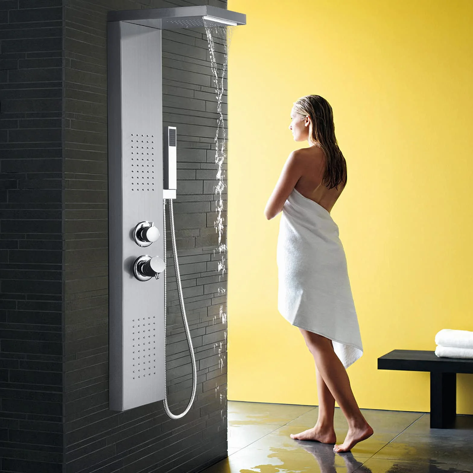 Froadp Sistema Doccia a Pioggia Pannello in Acciaio Inox Spazzolato Montaggio a Parete set Doccia con Doccia Idromassaggio Cascata e set Doccia Doccetta Lusso per Bagno (D'argento)