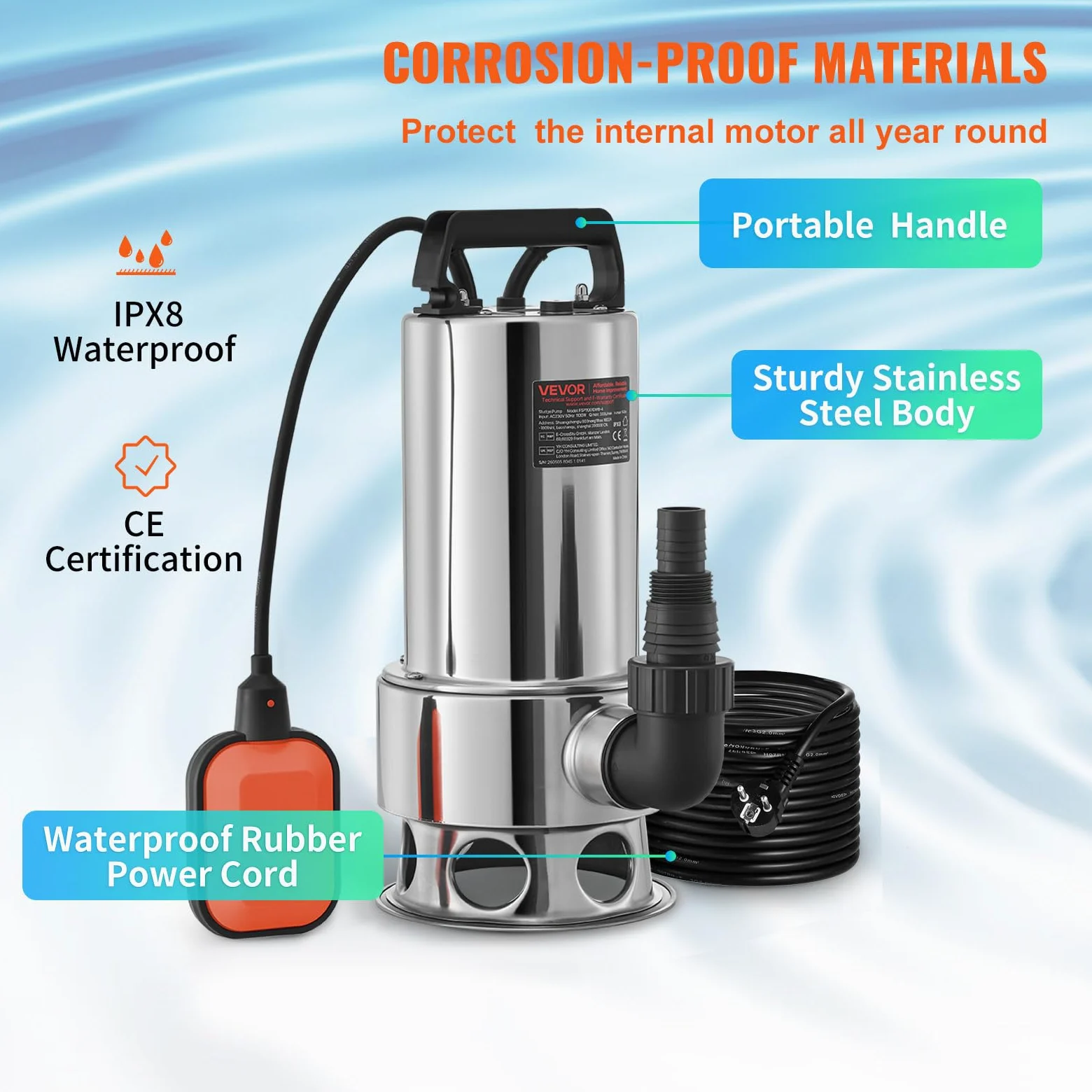 VEVOR Pompa Sommersa Elettrica da Drenaggio per Acque Sporche 1300W da Giardino Laghi Pozzo, Elettropompa a Immersione per Drenaggio di Acque Sporche Nere Scure 10A 1300W per Piscina Giardino Pozzetto